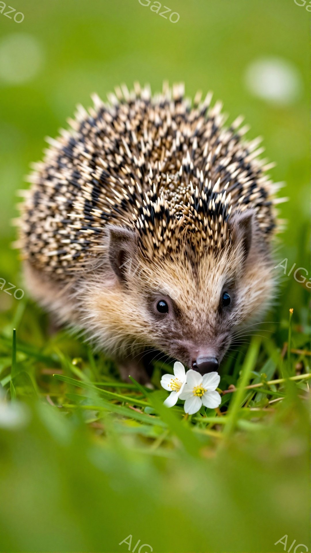緑の草むらの中に、小さなハリネズミが可愛らしく佇んでいます。鼻先には白い花が添えられており、周囲の緑とのコントラストが鮮やかです。穏やかな雰囲気で、自然の中で生きるハリネズミの愛らしさが伝わってきます - AI生成フリー素材