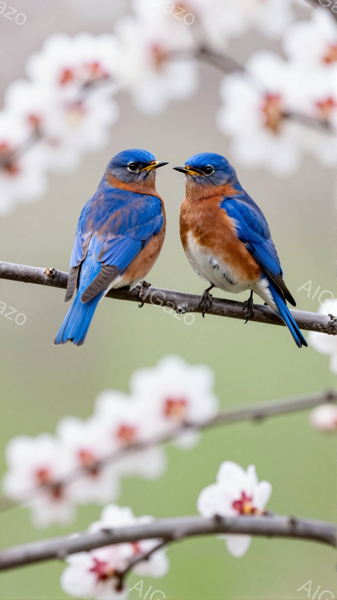 二羽の青い鳥が枝に並んで座っている。背景は春らしい白や薄緑色の花で、柔らかい雰囲気を醸し出している。鳥たちは互いに向き合い、まるで会話しているかのような姿を見せている。 - AI生成フリー素材