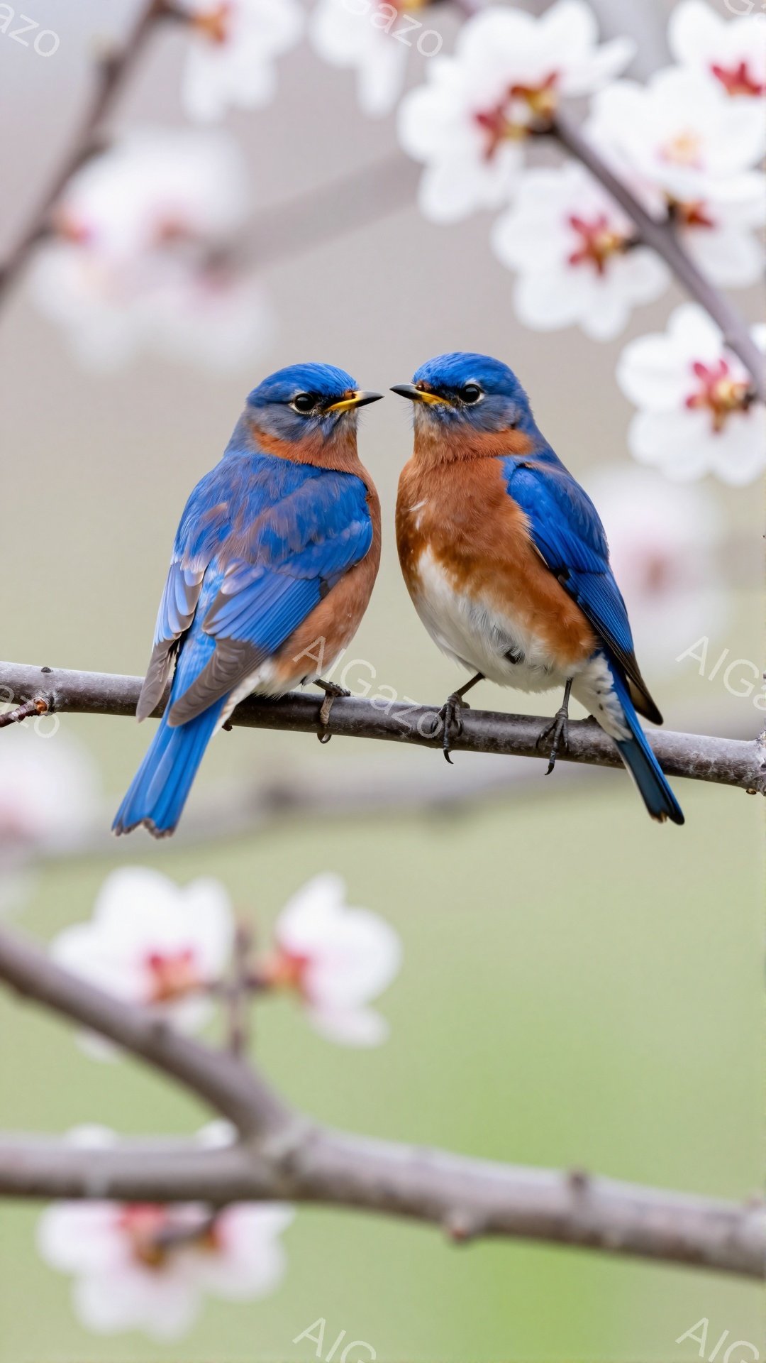春の穏やかな日に、二羽の青い鳥が枝に並んで座っています。美しい青色の羽とオレンジ色の胸が印象的で、背景には淡いピンク色の花が咲き乱れています。春の訪れを感じさせる、暖かく平和な光景です。