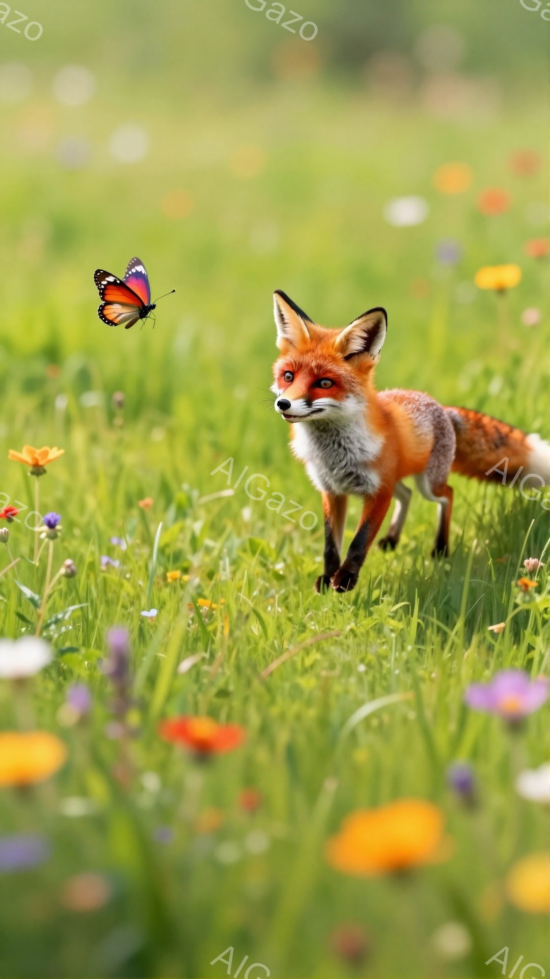 美しいキツネが花畑を歩いている。鮮やかな野花と蝶が、春の暖かい雰囲気を醸し出している。キツネは好奇心旺盛な表情で、蝶を追っているように見える。 - AI生成フリー素材