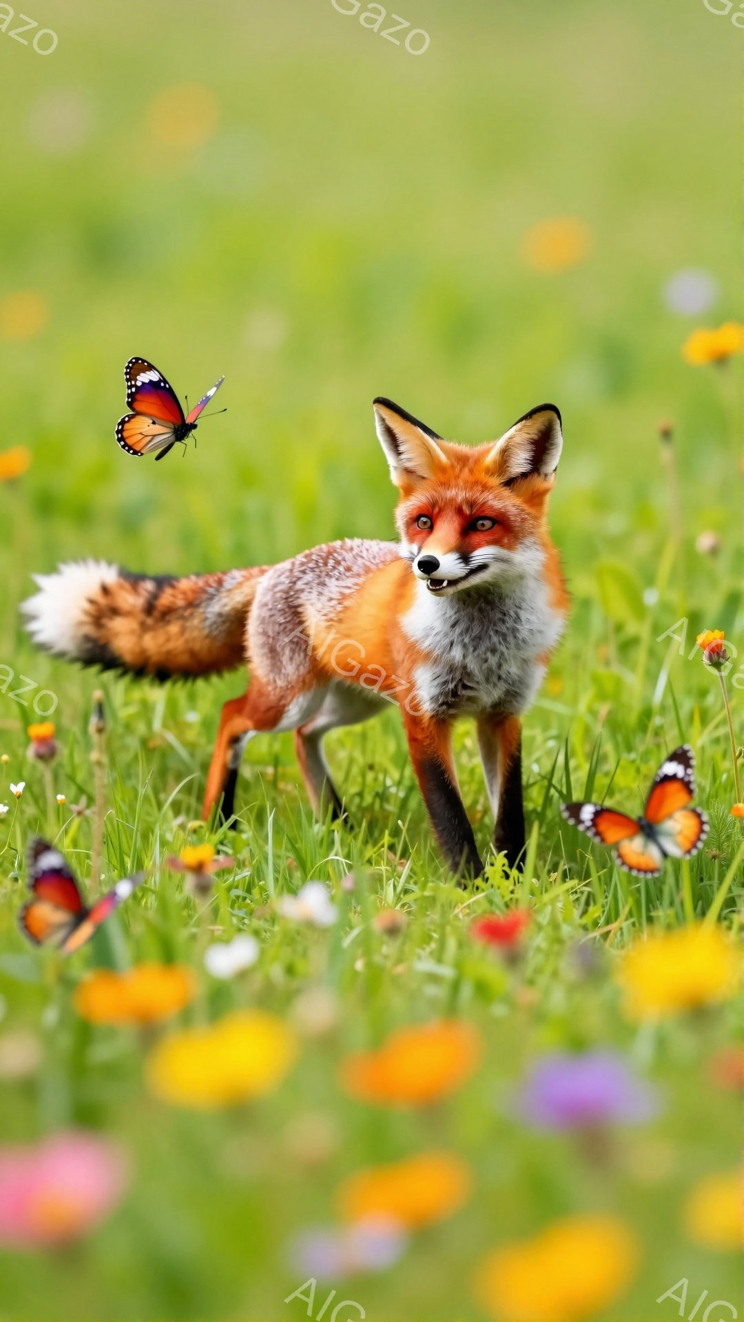 明るい緑の草地にキツネが立っている。周囲には黄色や紫の花が咲き乱れ、蝶が数匹舞っている。キツネは落ち着いた表情で、自然の中でくつろいでいる様子が伝わる。 - AI生成フリー素材