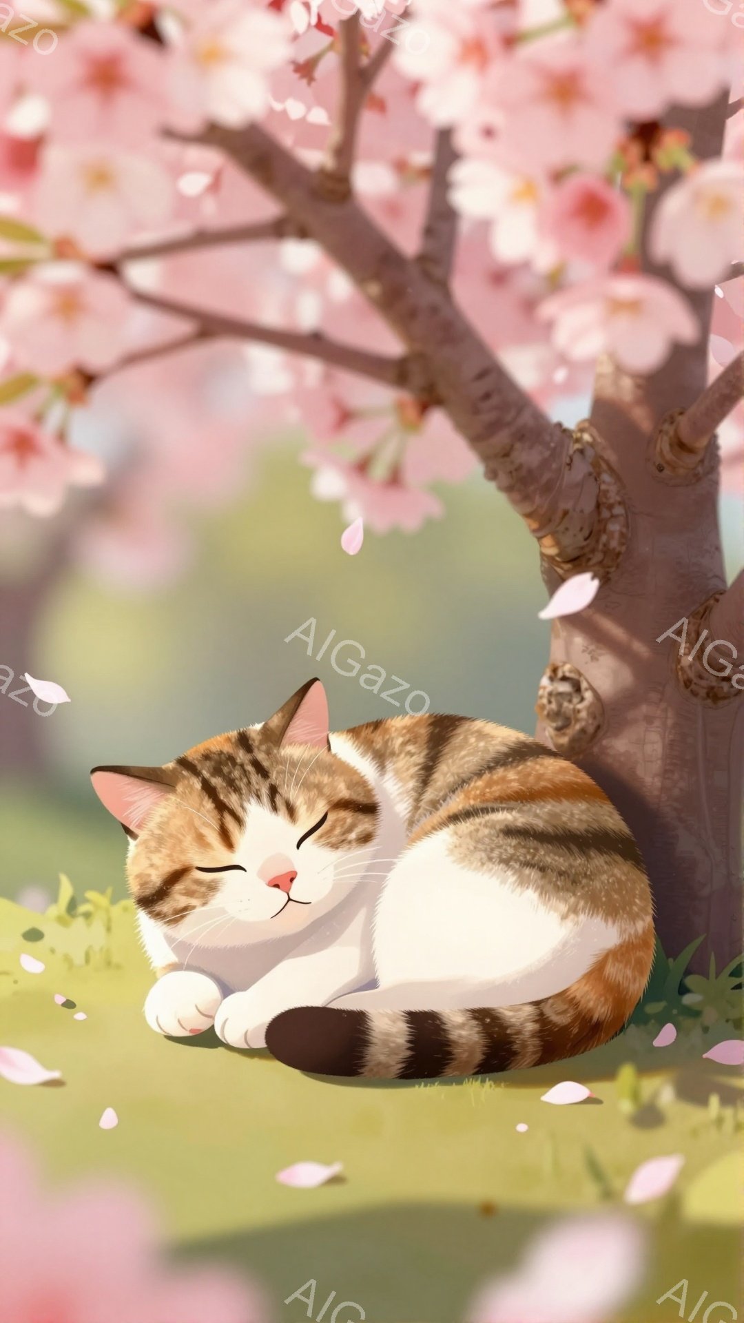 桜の木の下で丸まって眠っているトラ猫が描かれています。柔らかい日差しと舞い散る花びらが、穏やかで平和な雰囲気を醸し出しています。猫の表情はリラックスしており、春の暖かさを感じさせます。