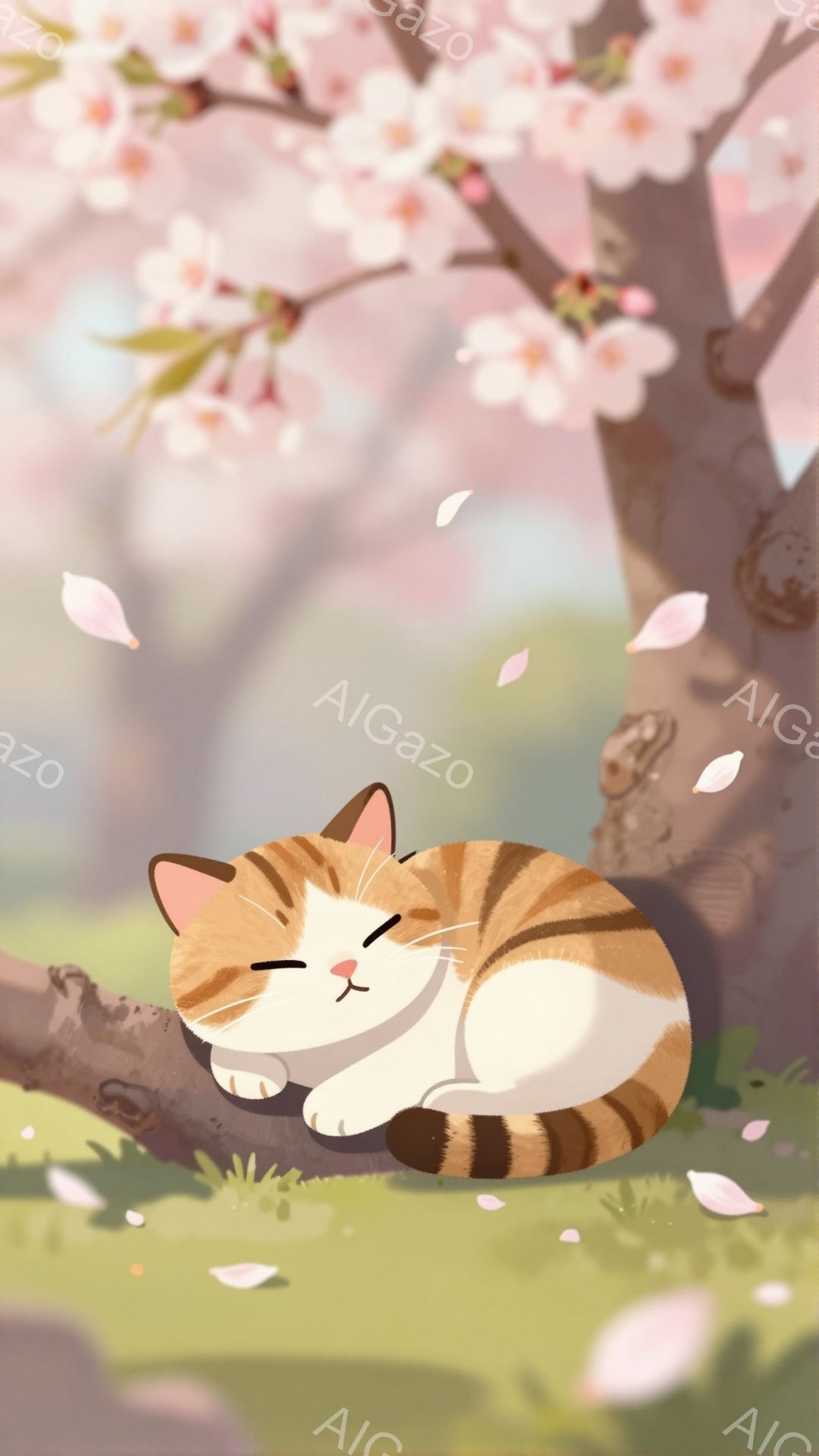 オレンジ色の縞模様の猫が、緑の草の上に丸まって眠っています。桜の花びらが舞い散る中、穏やかで平和な雰囲気が漂います。背景には桜の木があり、春の暖かさを感じさせます。
