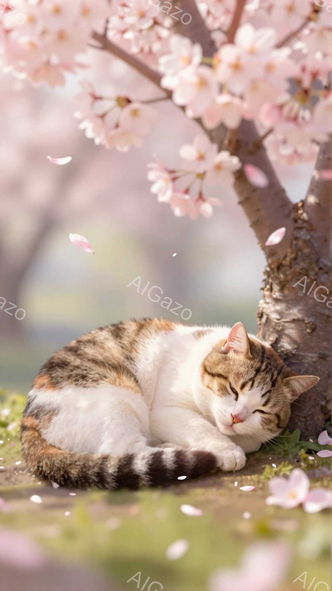 白と茶色の猫が桜の木の根元で丸まって眠っています。ピンク色の桜の花びらが猫の周りを舞い、春の穏やかな雰囲気を醸し出しています。背景は緑の草で覆われ、春の暖かさを感じさせます。 - AI生成フリー素材