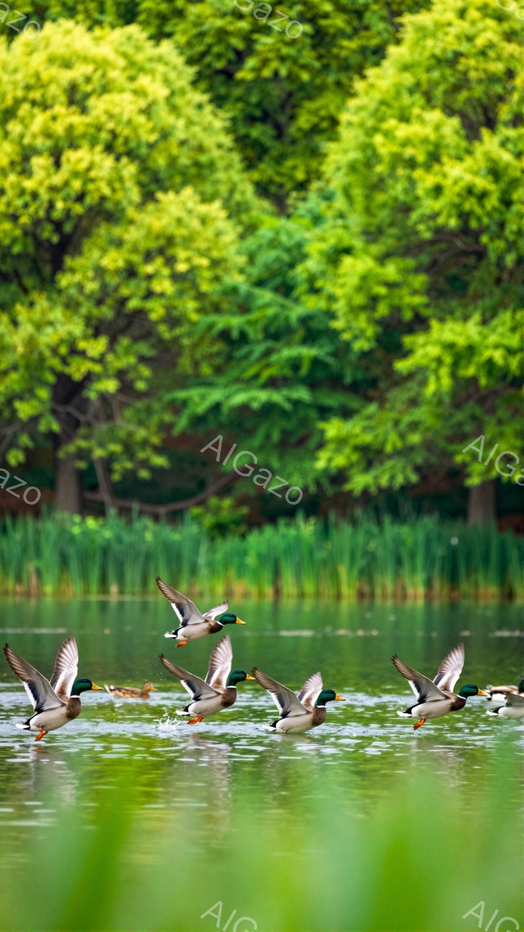 緑豊かな背景を背景に、カモたちが水面を飛び交っている様子が捉えられています。水面には波紋が広がり、カモたちの羽ばたきが躍動感を演出しています。穏やかな雰囲気の中で、自然の美しさを感じさせる一枚です。