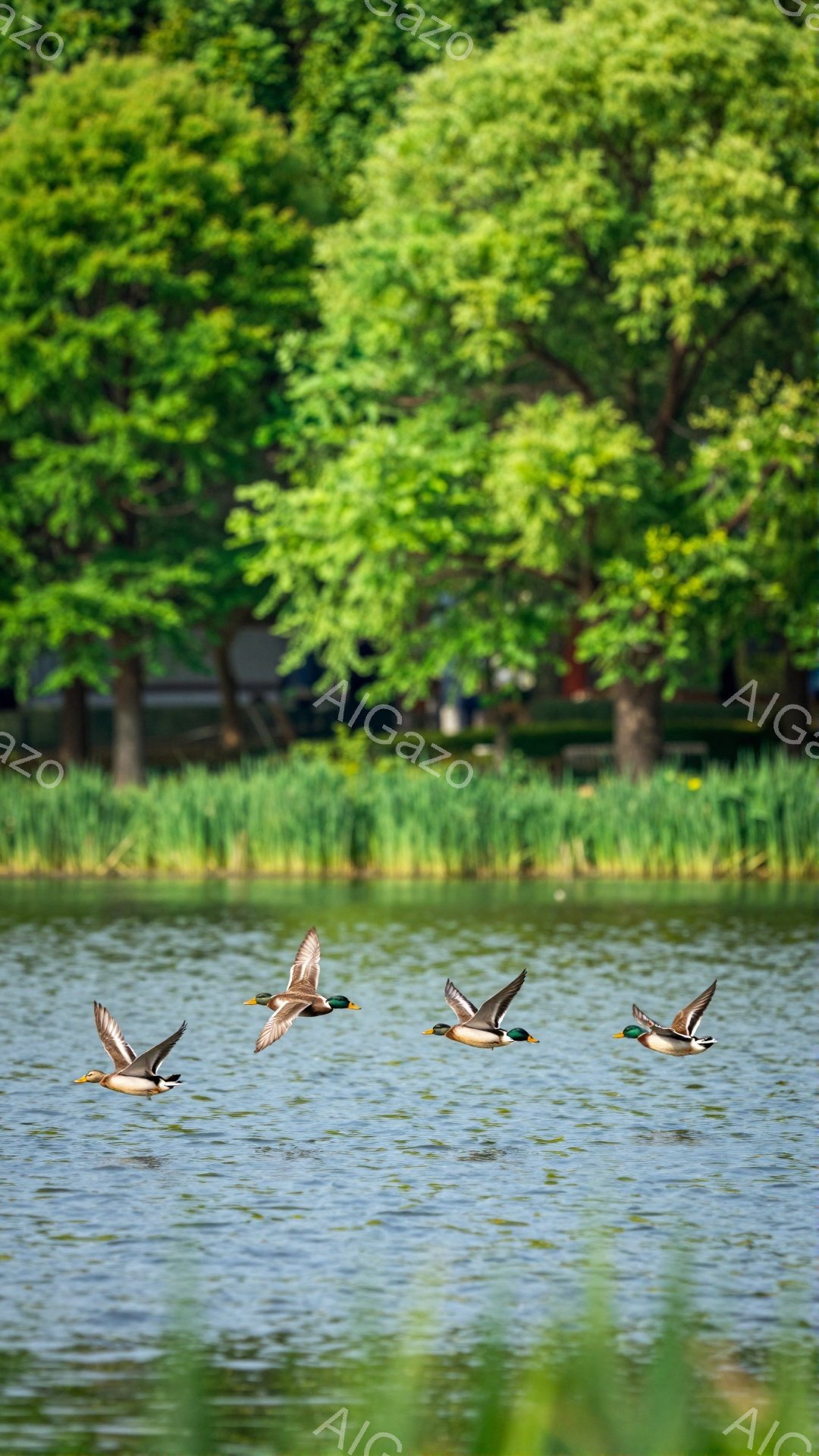 青々とした緑と水面が広がる穏やかな風景の中に、4羽の鴨が飛んでいる。水面には鴨の飛行によって波紋が広がり、周囲の草木が夏の陽光に照らされている。静かで平和な雰囲気が漂う、自然豊かな光景だ。
