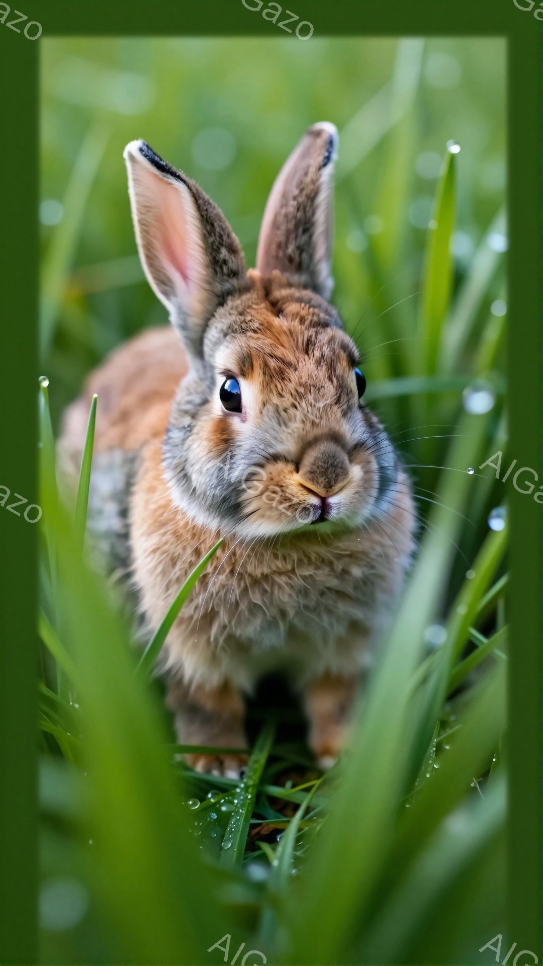 緑の草の中に可愛らしい茶色のウサギが隠れている。ウサギはカメラに向かって少し顔を出しており、好奇心と警戒心がないまぜになった表情をしている。朝露が草に付いており、穏やかで自然な雰囲気を醸し出している。