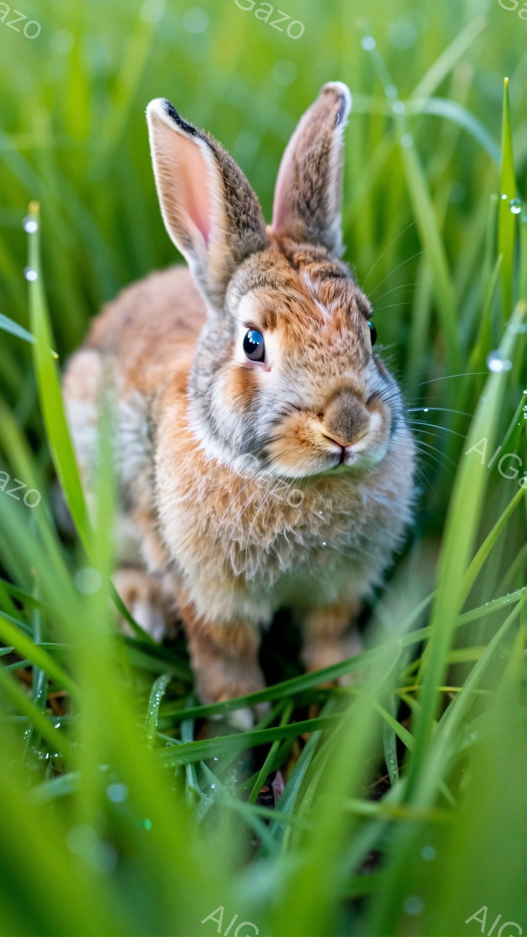 小さなウサギが緑の草むらに隠れている。その表情は好奇心と警戒心で満ちており、大きな瞳が印象的だ。朝露に濡れた草葉が、生き生きとした自然の雰囲気を演出している。