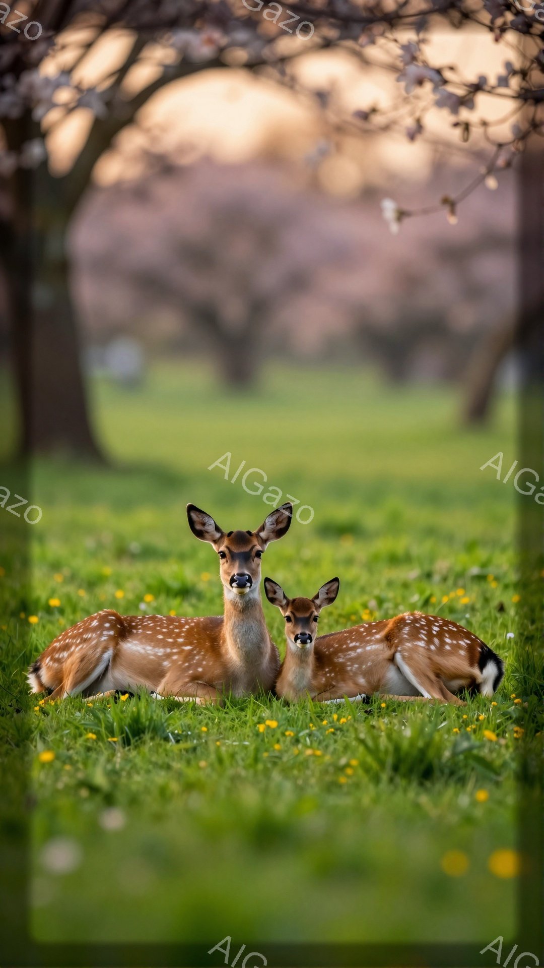 緑の草原に2頭の子鹿が横たわっています。子鹿たちは斑点模様があり、穏やかな表情をしています。背景にはぼやけた木々と、春らしい黄色い花々が咲き乱れているのが見えます。 - AI生成フリー素材
