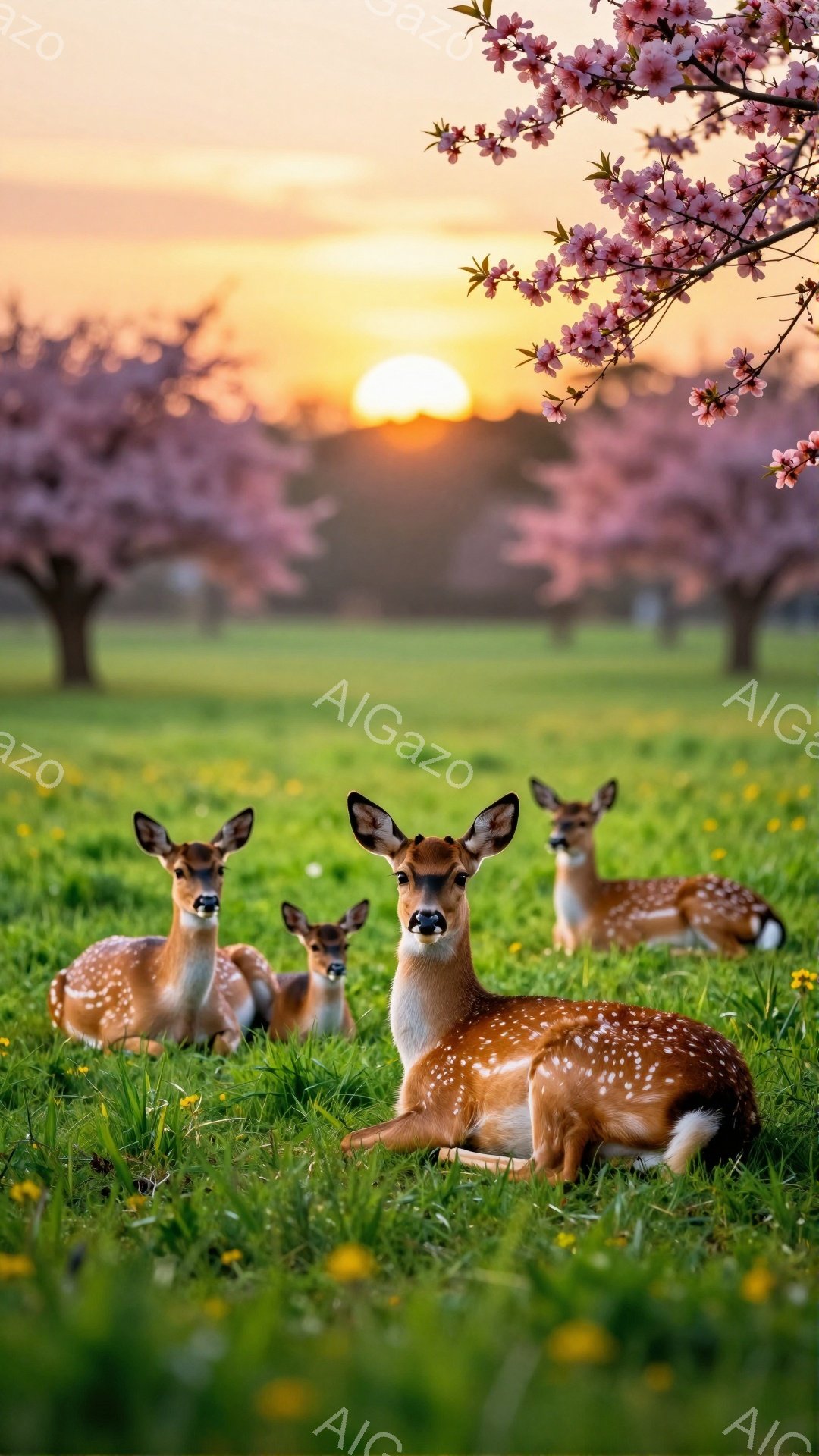 緑の草地に、斑点の模様を持つ複数のシカが横たわっています。背景には桜の木が咲き乱れ、夕焼け空が美しい光景を作り出しています。穏やかで平和な雰囲気の中で、シカたちはリラックスした様子で休息しています。 - AI生成フリー素材