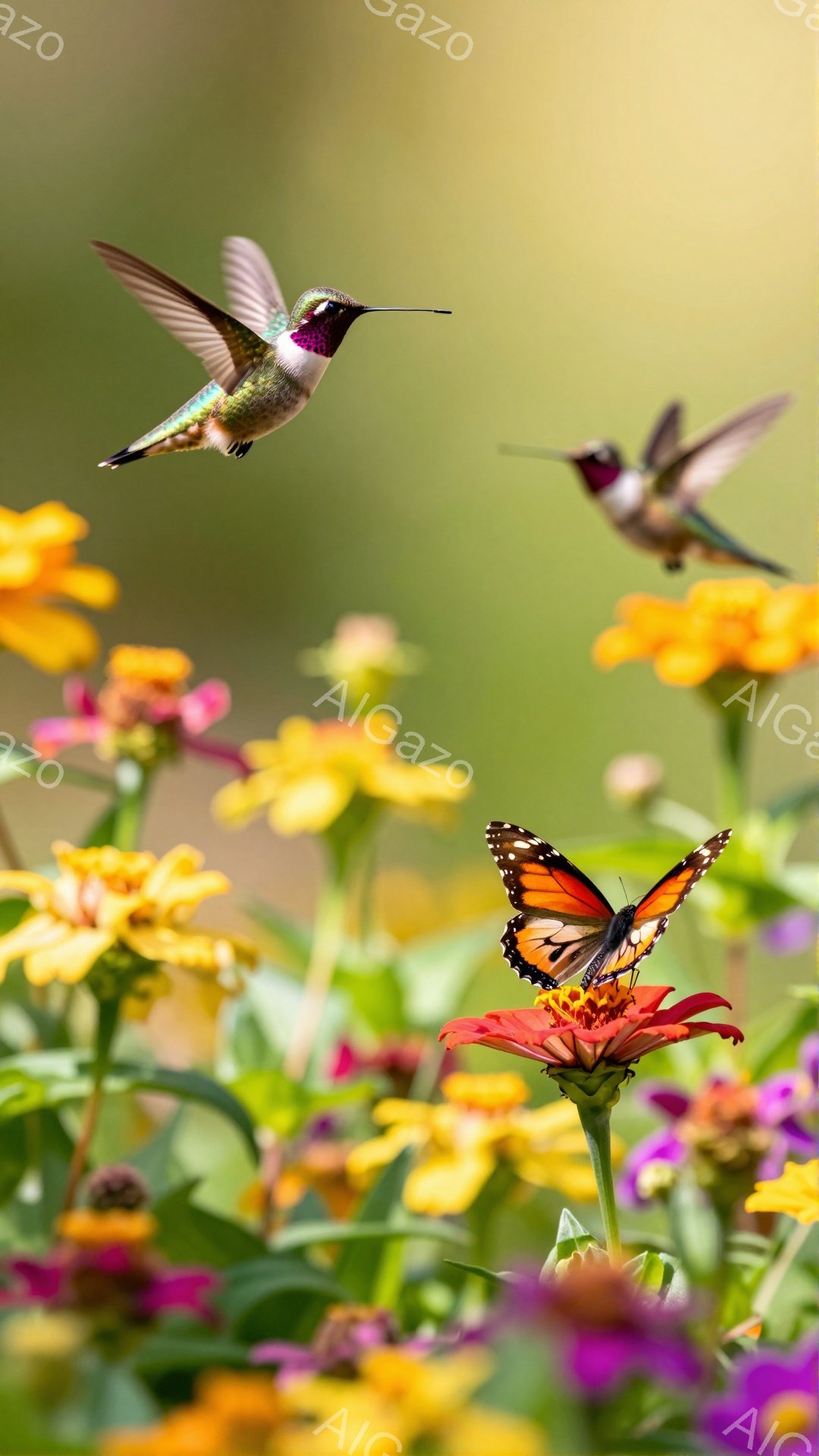 色とりどりの花々が咲き乱れる庭で、２羽のハチドリが花の蜜を求めて飛び回っています。鮮やかな色彩と躍動感あふれる姿は、夏の生命力を感じさせます。背景には緑豊かな植物が広がり、自然の美しさが際立っています。