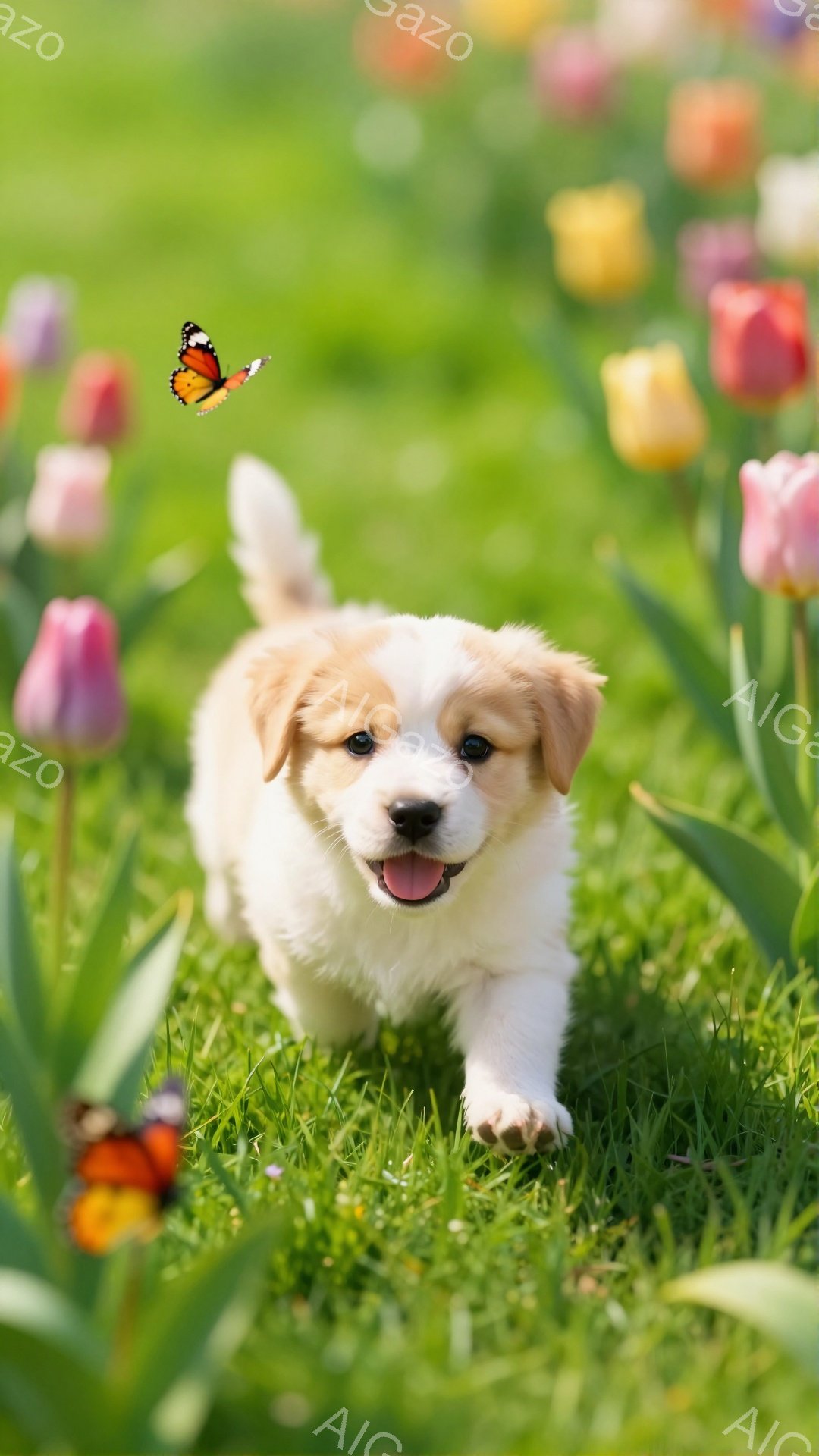 柔らかい毛並みの小さな子犬が、緑豊かな草原の中を駆け回っています。 周りには色とりどりのチューリップが咲き乱れ、鮮やかなオレンジ色の蝶が飛んでいます。 暖かく穏やかな雰囲気で、春の喜びを感じさせる一枚 - AI生成フリー素材
