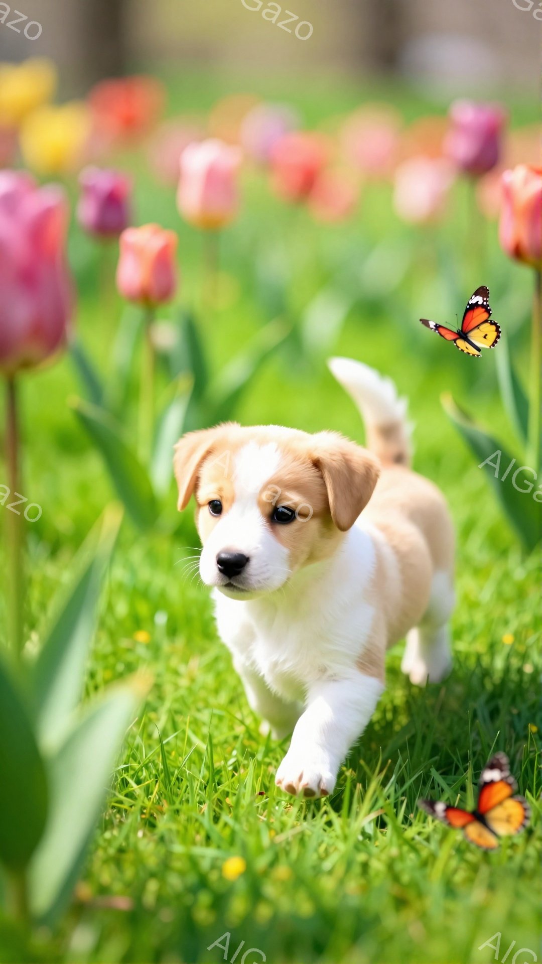 緑豊かな芝生の上を、小さな子犬が元気に駆け回っている。周りには色とりどりのチューリップが咲き誇り、まるで春の庭園のようだ。子犬の周りを舞う蝶が、可愛らしい雰囲気をさらに引き立てている。 - AI生成フリー素材