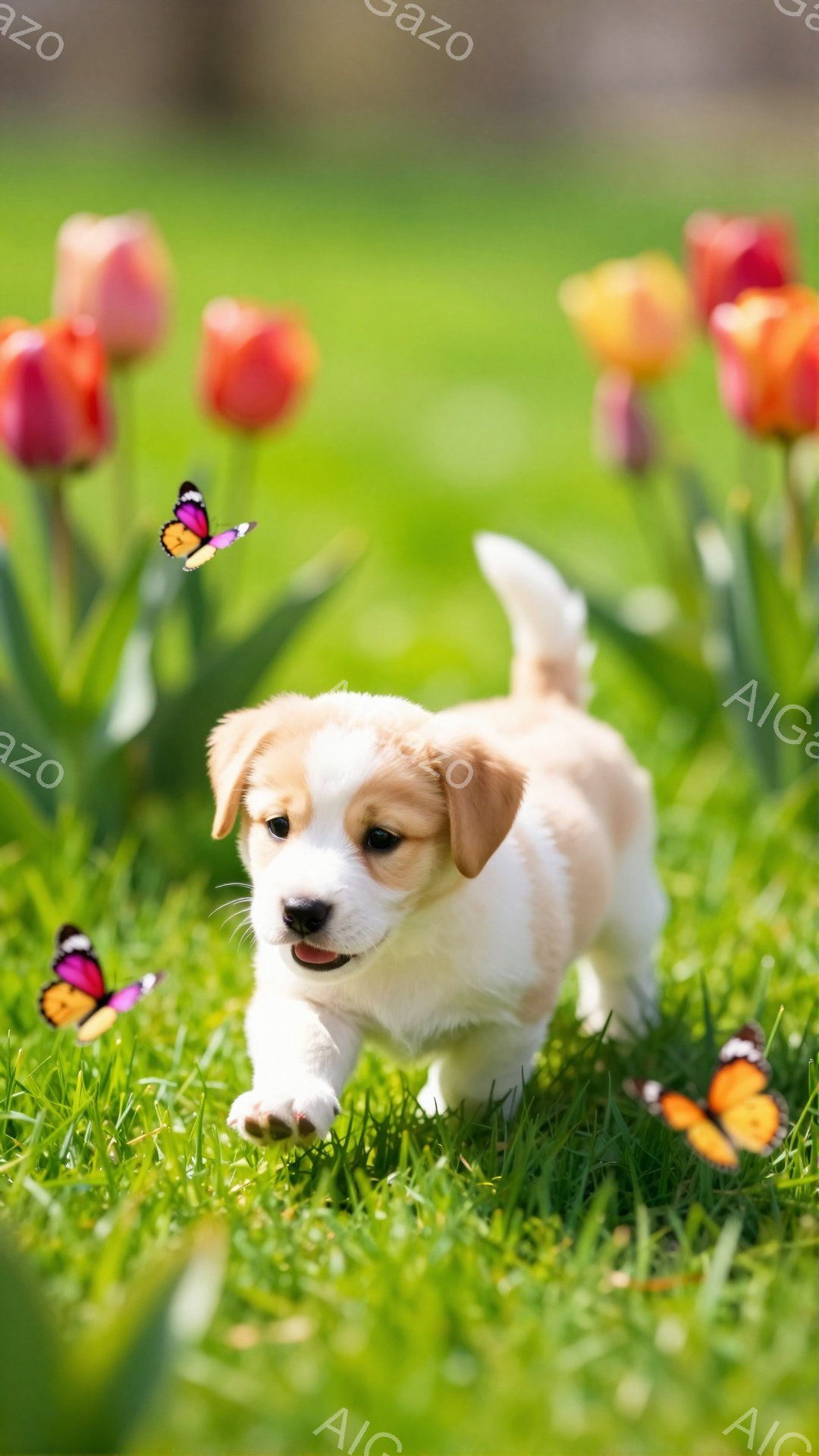 白くて茶色の毛並みの子犬が緑の草の上を元気よく歩いている。周りには色とりどりのチューリップが咲き、蝶が舞っている様子が春らしい雰囲気を醸し出している。子犬は嬉しそうに口を開けており、愛らしい表情を見せている。