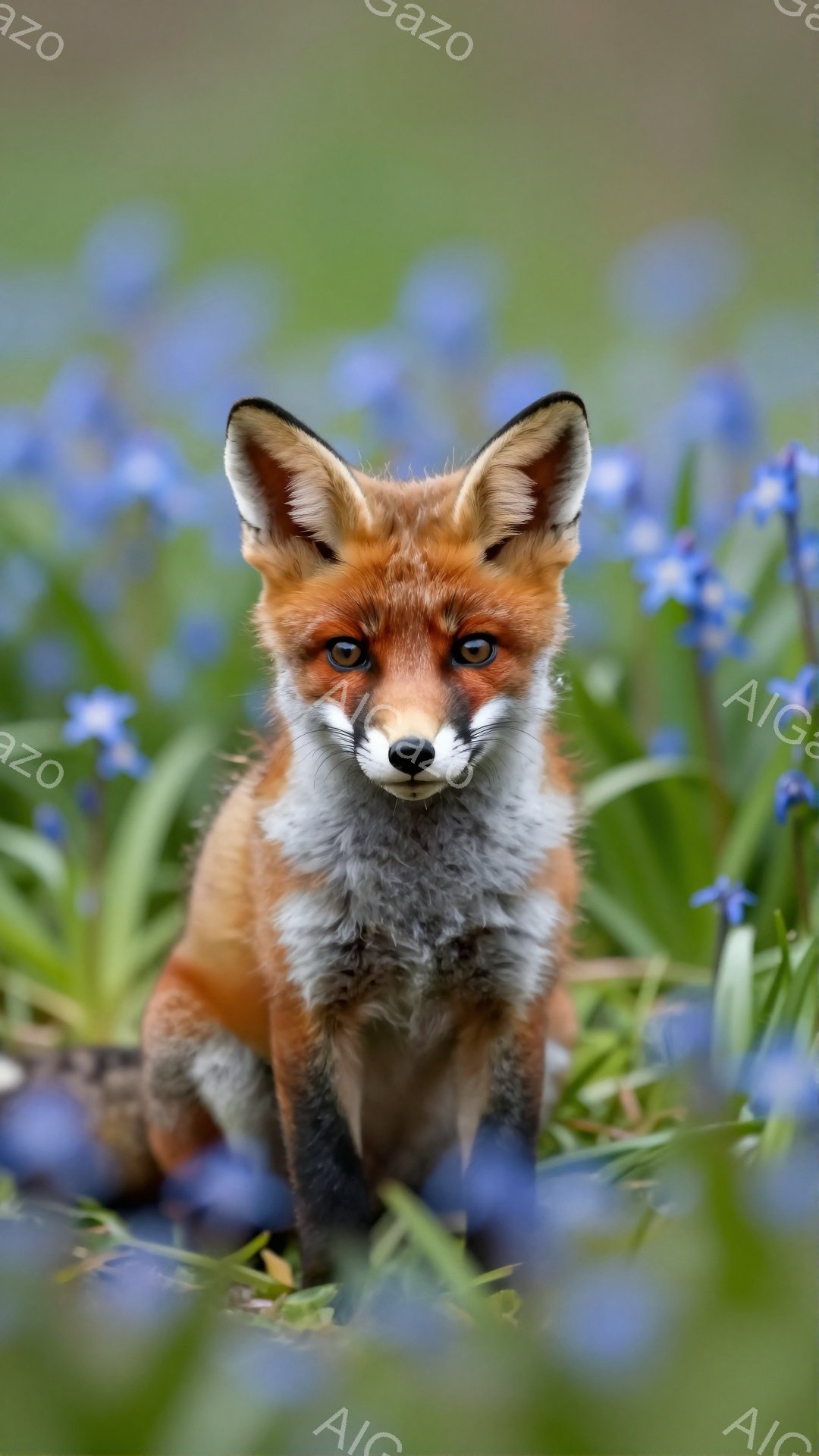 鮮やかなオレンジ色の毛並みを持つキツネが、青い花畑の中でこちらを見つめている。その表情は少し警戒しているようだが、好奇心旺盛な様子も感じられる。背景の花々はぼやけており、キツネが際立っている。 - AI生成フリー素材