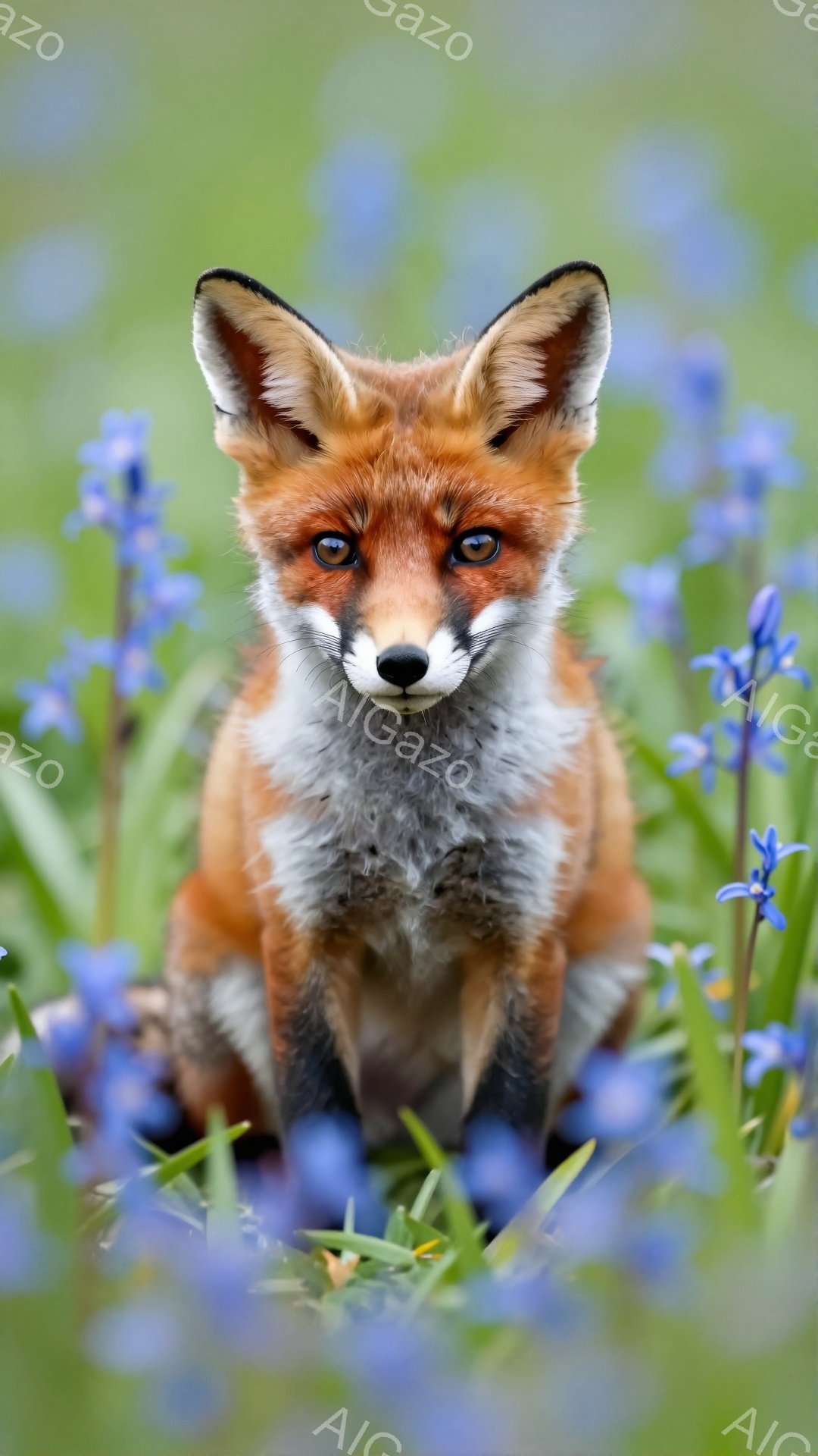 明るい緑の草原に、赤褐色のキツネが座っている。鮮やかな青い花々がキツネの周りを彩り、その視線はカメラをまっすぐ見つめている。暖かく穏やかな雰囲気で、自然の美しさが際立っている。