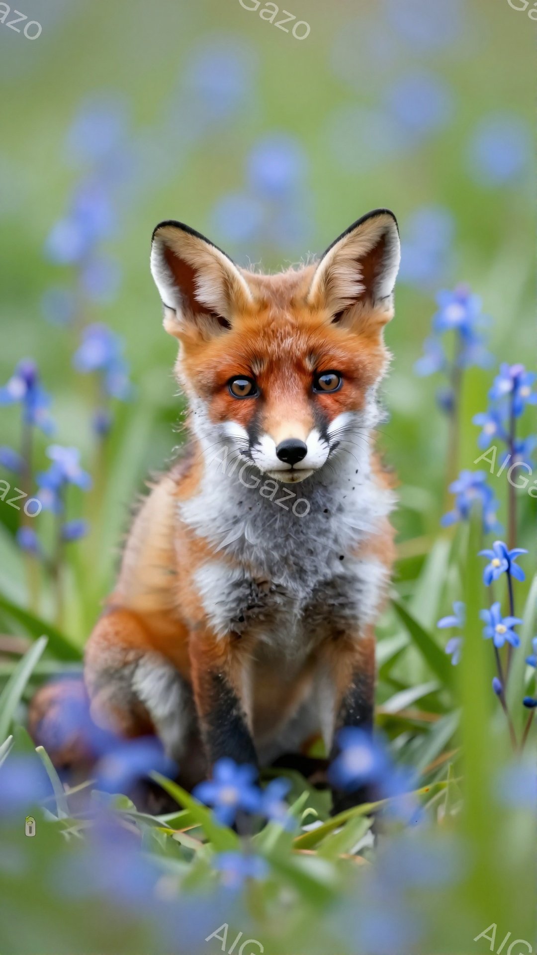 鮮やかな青い花畑の中で、子ギツネが正面を向いて座っています。その毛並みは赤茶色で、首周りには白い毛が生え、可愛らしい表情をしています。背景の花々と暖かく柔らかい光が、子ギツネの愛らしさを引き立てています。
