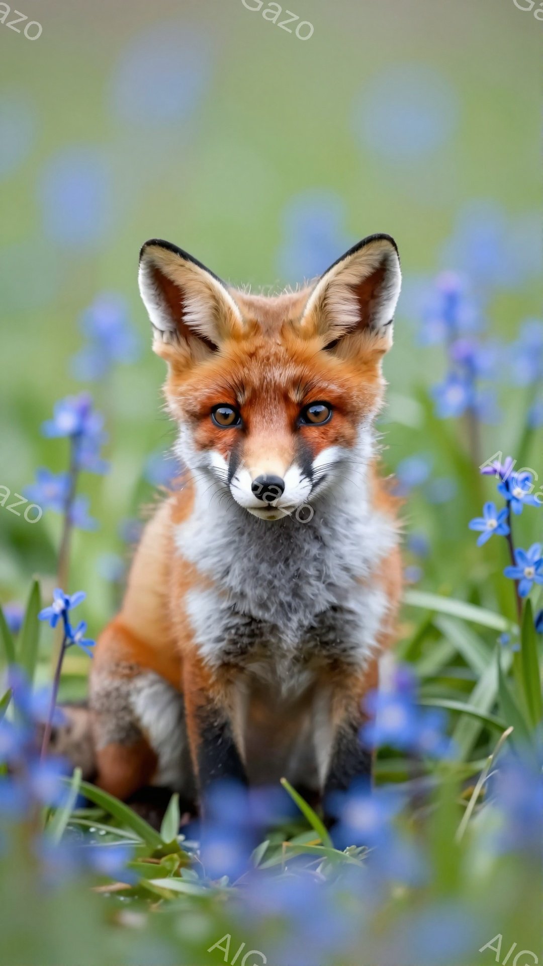 鮮やかなオレンジ色の毛並みを持つキツネが、青い花畑の中で正面を見据えています。その表情は好奇心と警戒心を同時に表しており、まるでこちらを見つめ返しているかのようです。背景は穏やかな光に包まれ、自然の温かさを感じさせます。