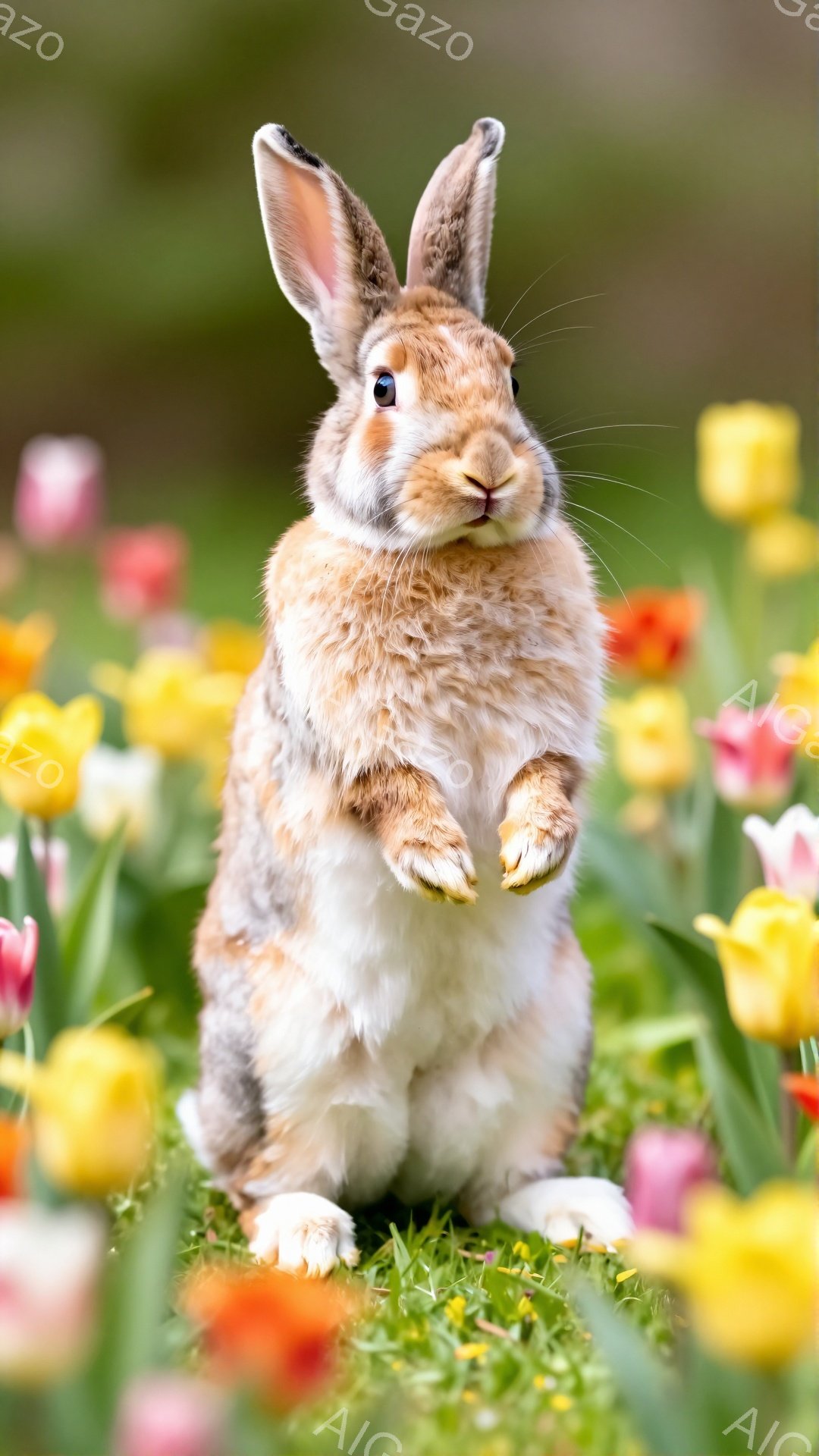 緑の草地にいる、茶色と白の毛並みをしたウサギが立っており、前足で何かを探るような姿勢をとっています。背景には色とりどりのチューリップが咲き乱れ、春らしい明るい雰囲気を醸し出しています。ウサギの表情は可愛らしく、見る人を魅了します。