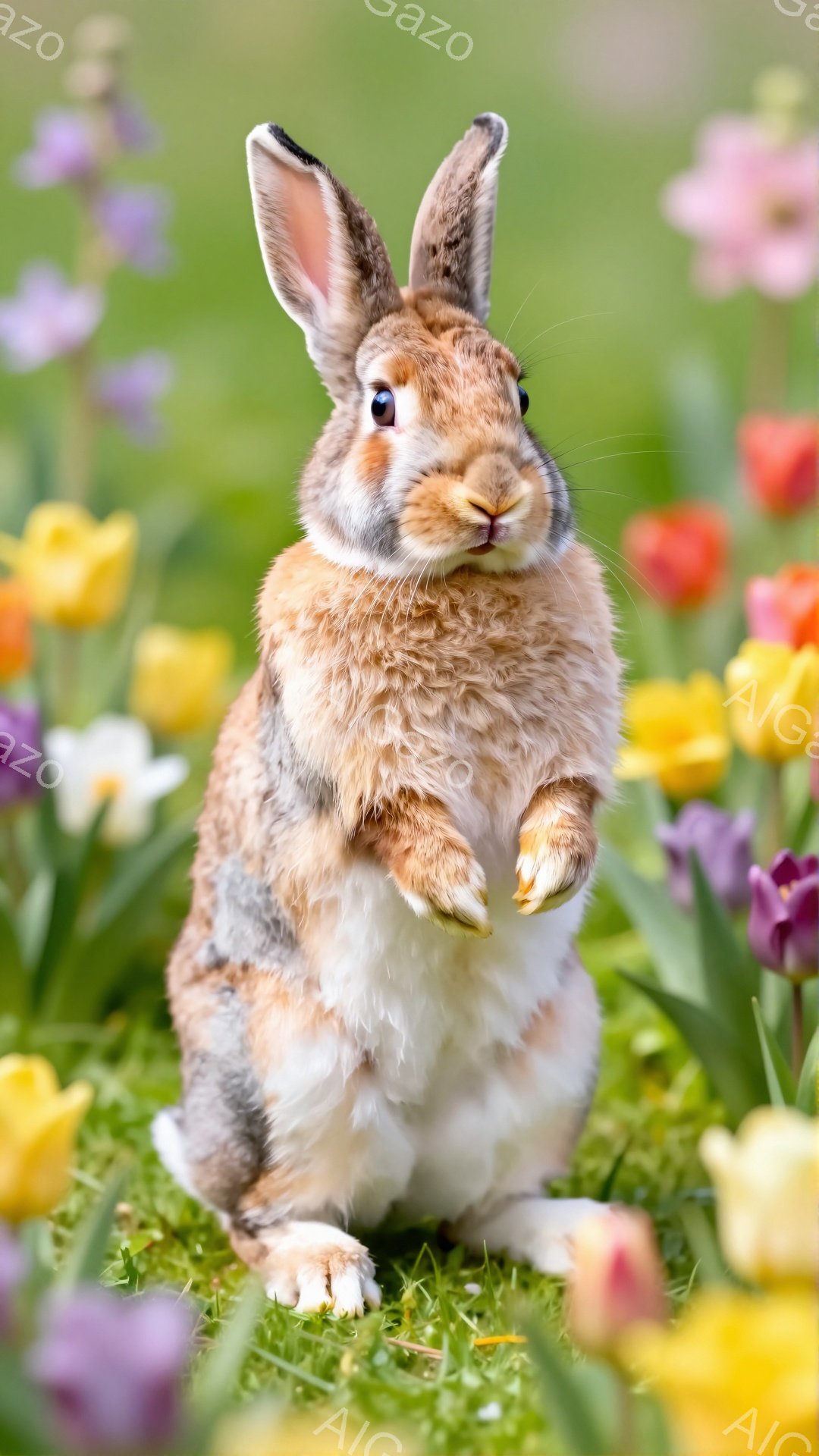 草原に佇む、可愛らしい茶色のウサギがいます。前足で立ち上がって何かを見つめている様子は、好奇心旺盛でとても愛らしいです。背景には色とりどりのチューリップが咲き誇り、春の暖かな雰囲気を醸し出しています。 - AI生成フリー素材