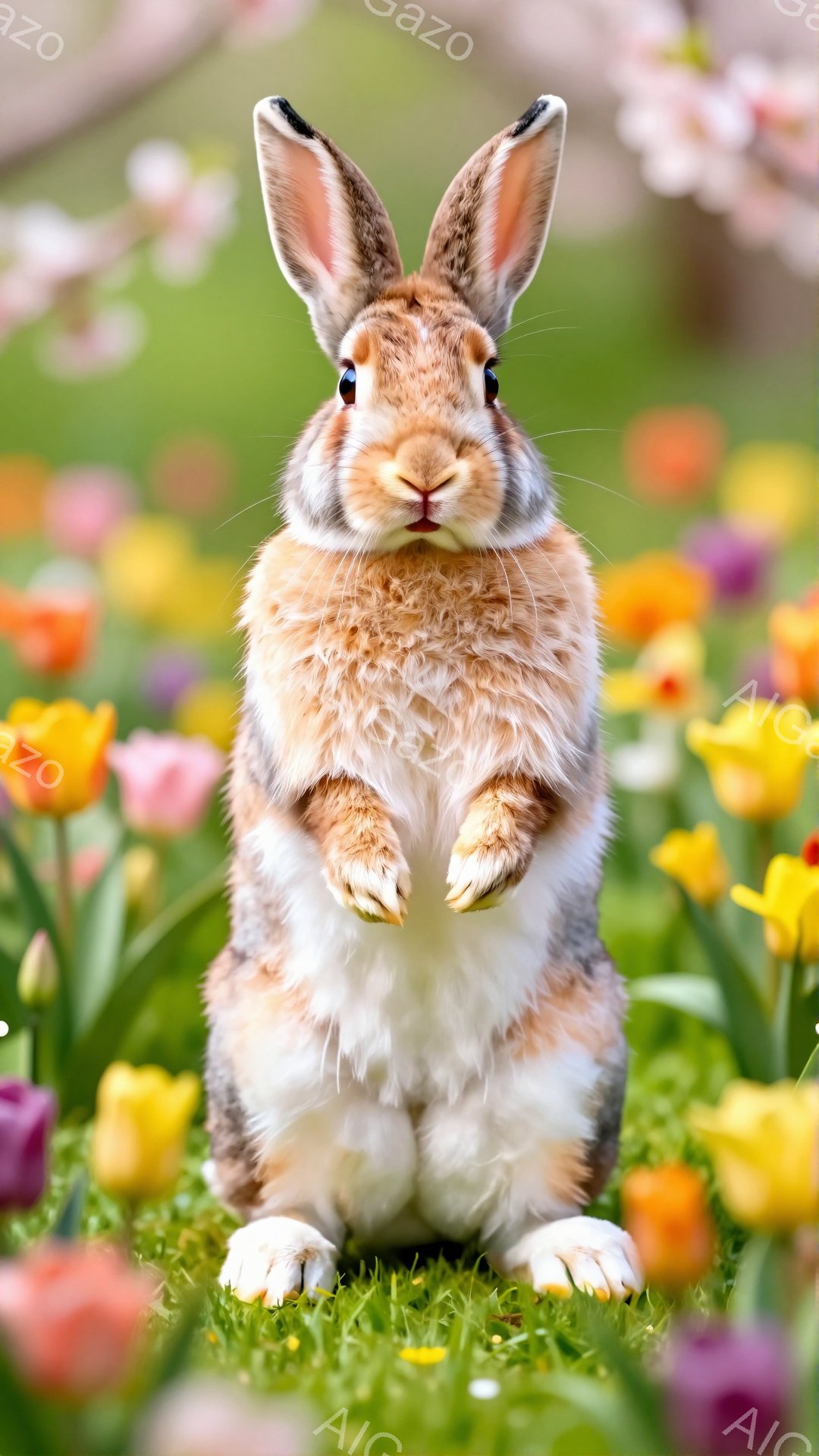 草原で後ろ足で立ち、春の花々の中にいるうさぎです。茶色と白の毛並みで、興味津々な表情でカメラを見つめています。背景にはカラフルなチューリップが咲き乱れ、春の暖かさを感じさせます。