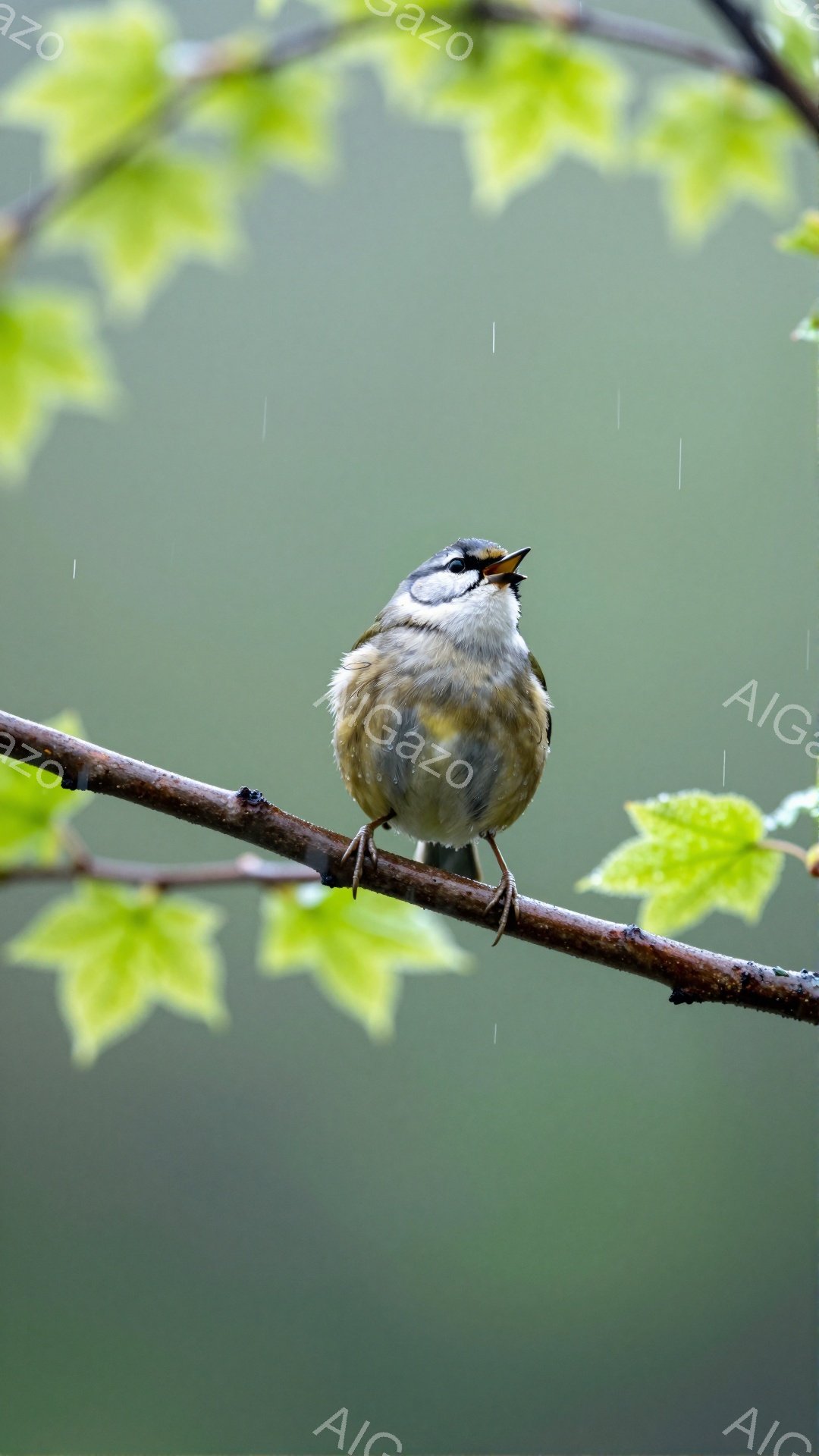 枝に止まった小さな鳥が、口を開けて歌っている。雨が降り注ぐ中、緑の葉が背景にぼやけて見える。全体的に静かで穏やかな雰囲気が漂っている。