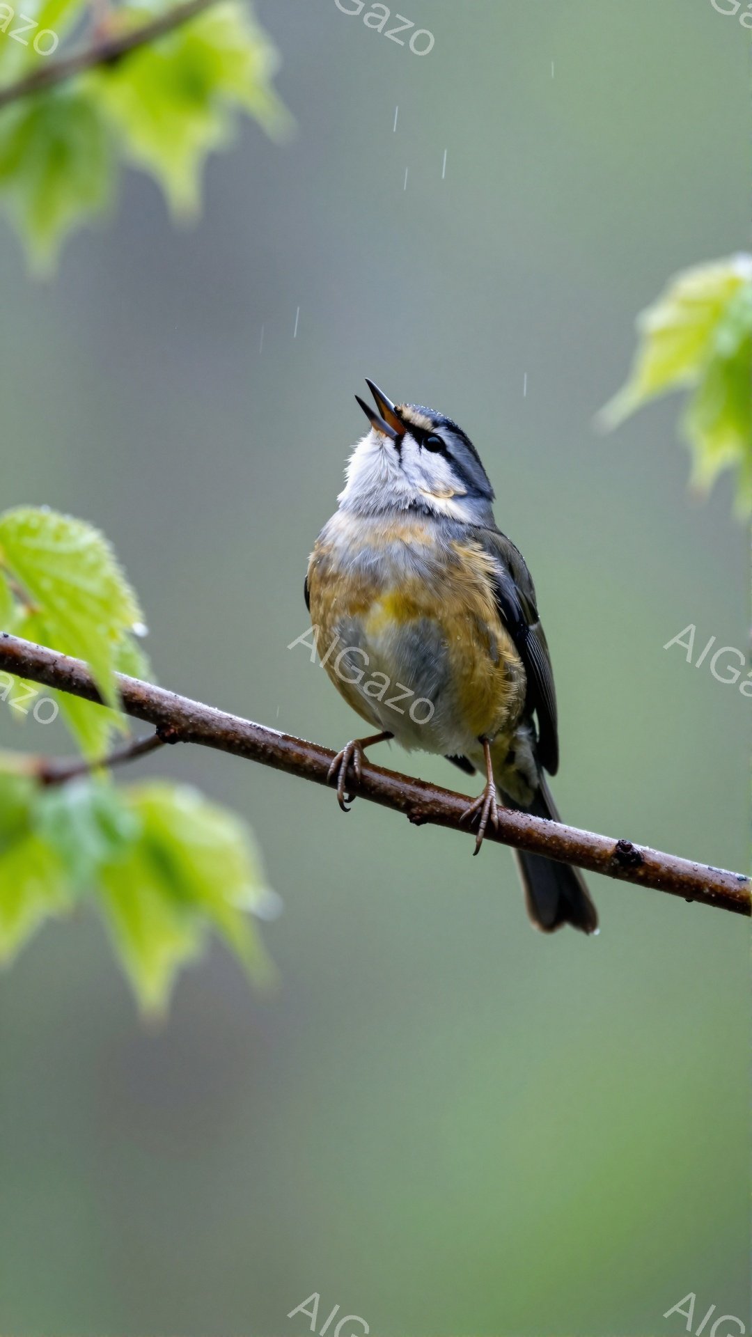 小さな鳥が木の枝にとまって上を向いている。羽の色は青と黄色が混ざり合い、明るい緑色の背景が春の穏やかな雰囲気を醸し出している。雨粒がかすかに見え、湿った空気が感じられる。