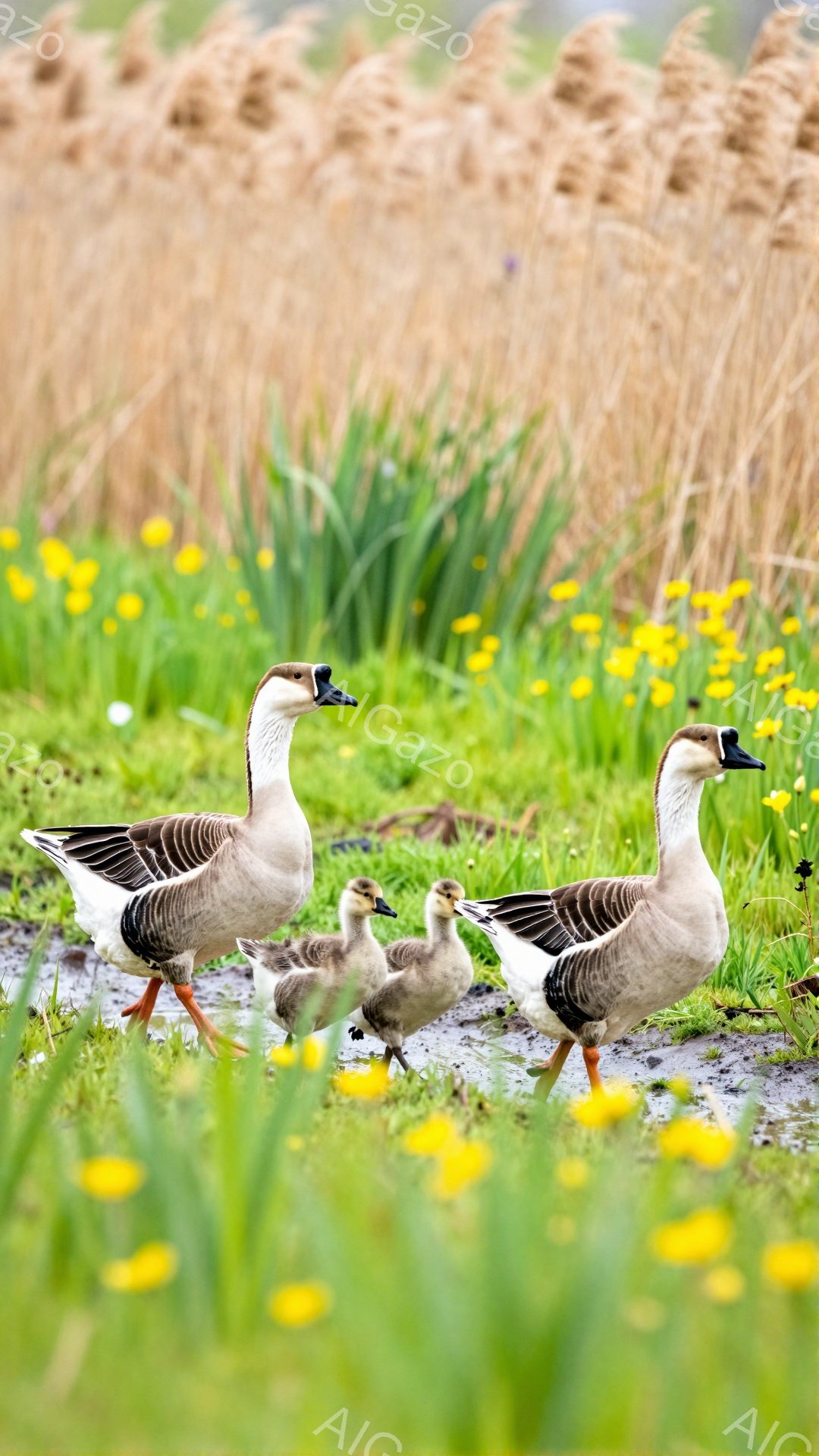 泥地の中を親ガチョウと子ガチョウが歩いている。背景には緑の草と黄色い花が咲き乱れ、春の穏やかな雰囲気が感じられる。親ガチョウは先導し、子ガチョウたちはその後に続いて、のんびりと進んでいる。 - AI生成フリー素材
