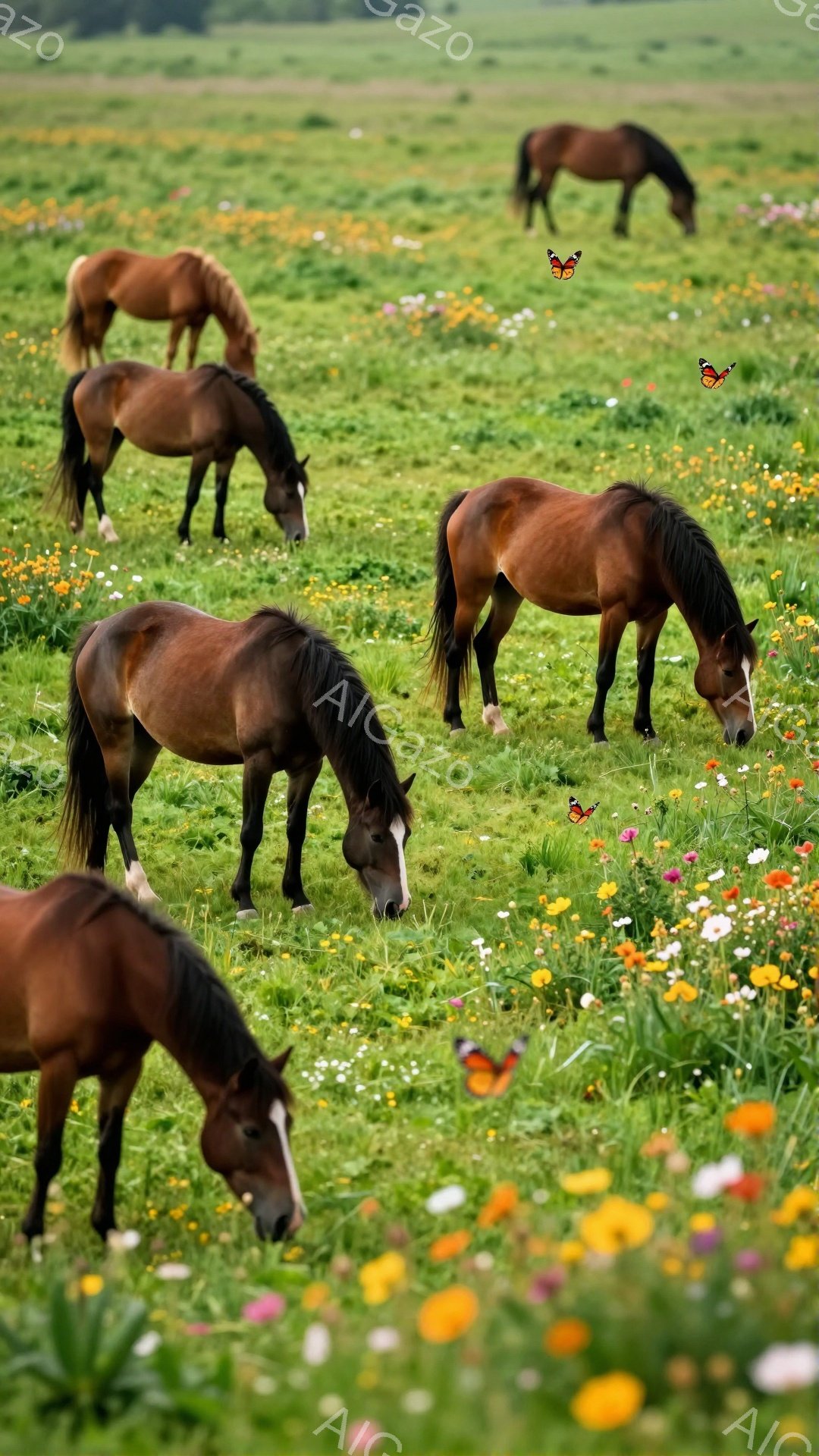 広大な緑の牧草地で、数頭の栗色の馬が草を食べている。鮮やかな野花が咲き乱れ、蝶が飛び交い、のどかな田園風景が広がっている。馬たちは穏やかな雰囲気の中で、リラックスして過ごしている。