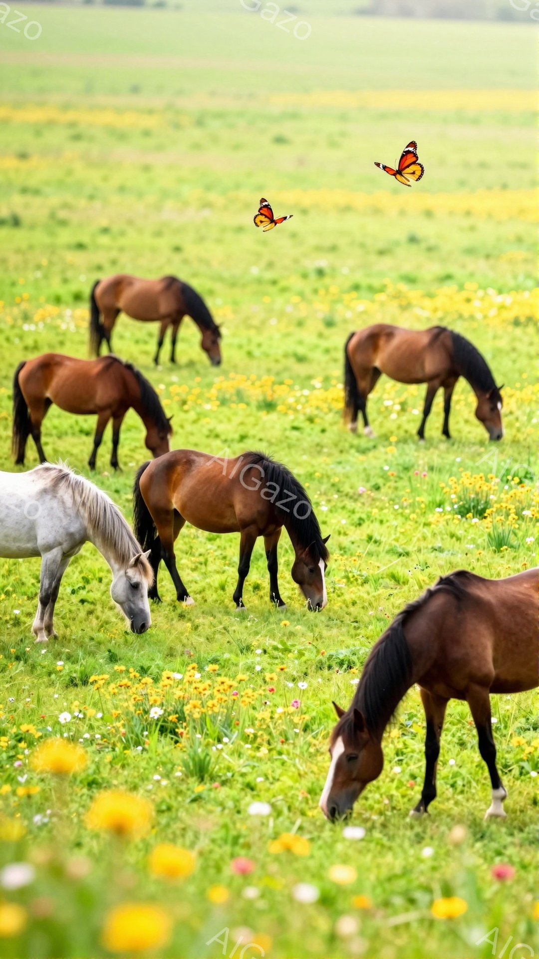 緑の草原で複数の馬が草を食べている。暖かい日差しが降り注ぎ、黄色い花が咲き乱れる、のどかな風景だ。空には蝶が舞い、自然の美しさを引き立てている。 - AI生成フリー素材