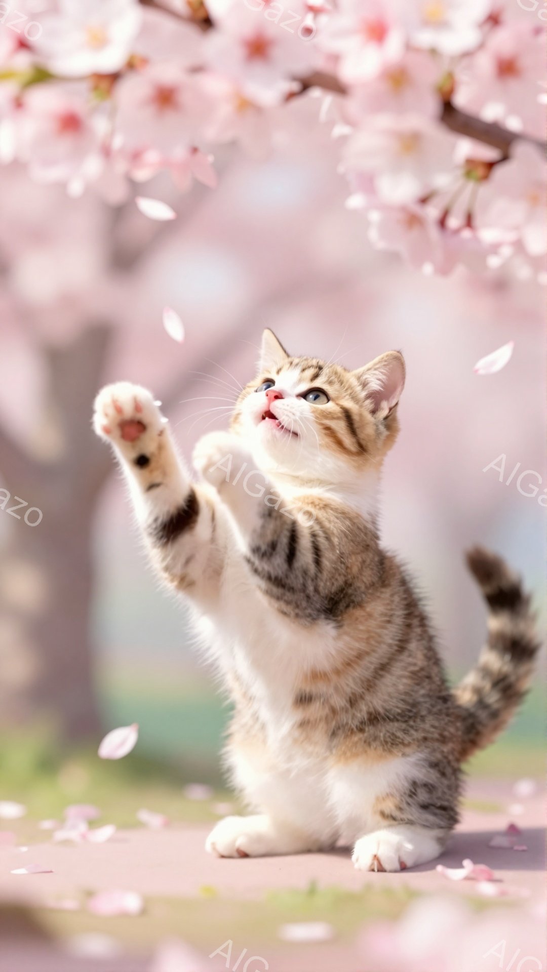 小さな子猫が桜の木の下で前足を伸ばして何かを捕まえようとしています。桜の花びらが舞い散り、春の暖かく穏やかな雰囲気を醸し出しています。子猫の毛並みは美しく、その表情は好奇心と遊び心に満ちています。