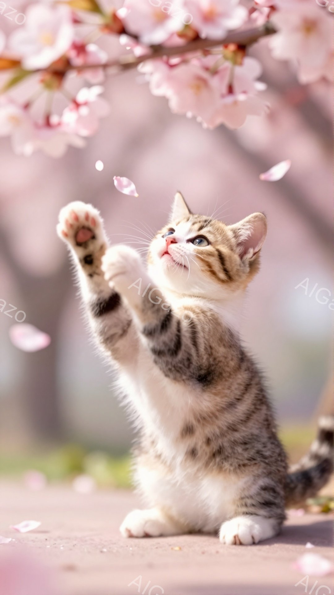 小さな縞模様の猫が、桜の花びらが舞う中で前足を伸ばして何かを掴もうとしています。背景にはぼやけた桜の木があり、春の穏やかな雰囲気が伝わってきます。猫の表情は好奇心に満ちており、可愛らしい様子が印象的です。