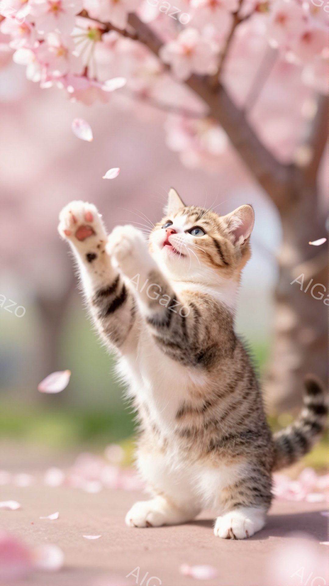 桜の木の下で、子猫が前足で何かを捕まえようとしています。ピンク色の花びらが舞い散る中で、子猫は好奇心と喜びにあふれた表情で、まるで遊んでいるかのようです。背景にはぼやけた緑が広がり、春の暖かい雰囲気が伝わってきます。