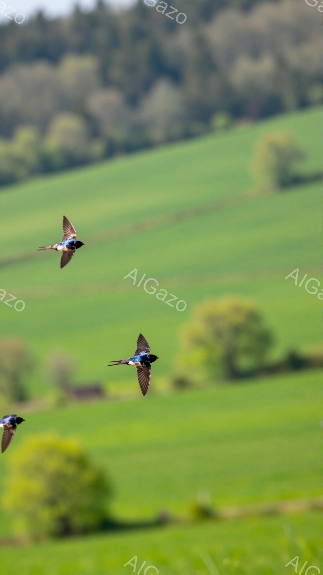 広大な緑の草原をツバメが飛び交っている。空には雲一つなく、春の穏やかな一日が感じられる。背景には緑豊かな木々が見え、自然豊かな風景が広がっている。 - AI生成フリー素材