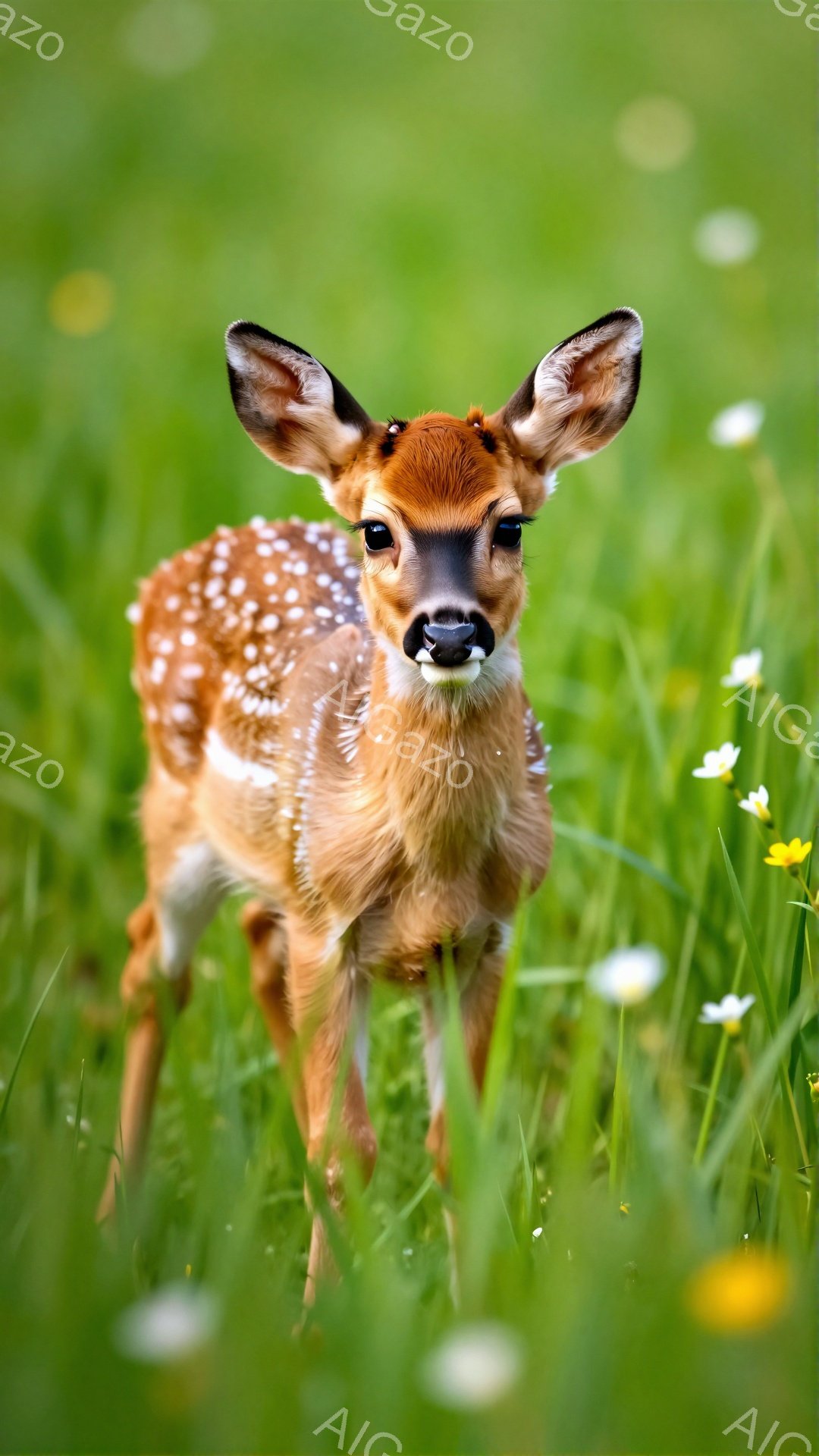 鮮やかな緑の草地の中に、小さなシカの子供が立っています。大きな瞳と、まだら模様の毛並みが特徴的で、可愛らしい表情をしています。背景には小さな白い花々が咲き、穏やかな雰囲気を醸し出しています。 - AI生成フリー素材