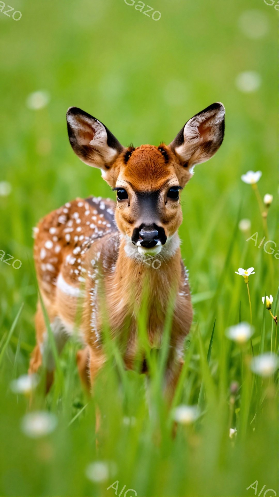 緑の草むらの中に、小さなシカの子供が顔を出しています。つぶらな瞳と、まだら模様の毛並みが可愛らしい様子が特徴的です。周囲には白い小さな花が咲き乱れ、春の穏やかな雰囲気を感じさせます。 - AI生成フリー素材