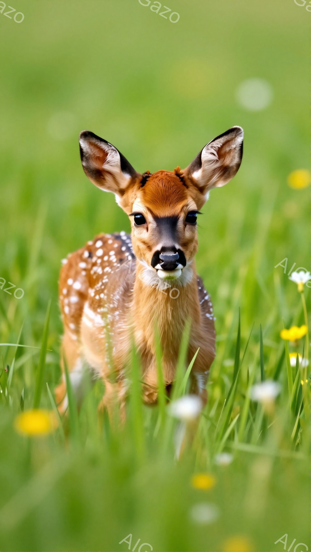 緑豊かな草地の間にいる子鹿が、好奇心いっぱいの表情でこちらを見つめている。柔らかな毛並みと大きな瞳が愛らしい。周りには黄色い花々が咲き乱れ、穏やかな雰囲気を醸し出している。 - AI生成フリー素材