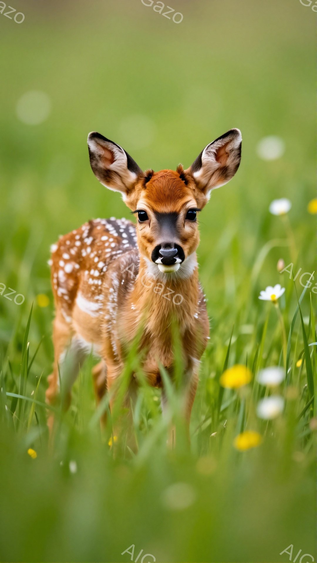 鮮やかな緑の草むらの中に、小さなシカの子供が立っている。その毛並みは茶色と白のまだら模様で、好奇心いっぱいの表情でこちらを見つめている。背景には白い花が点在し、穏やかで優しい雰囲気を醸し出している。 - AI生成フリー素材