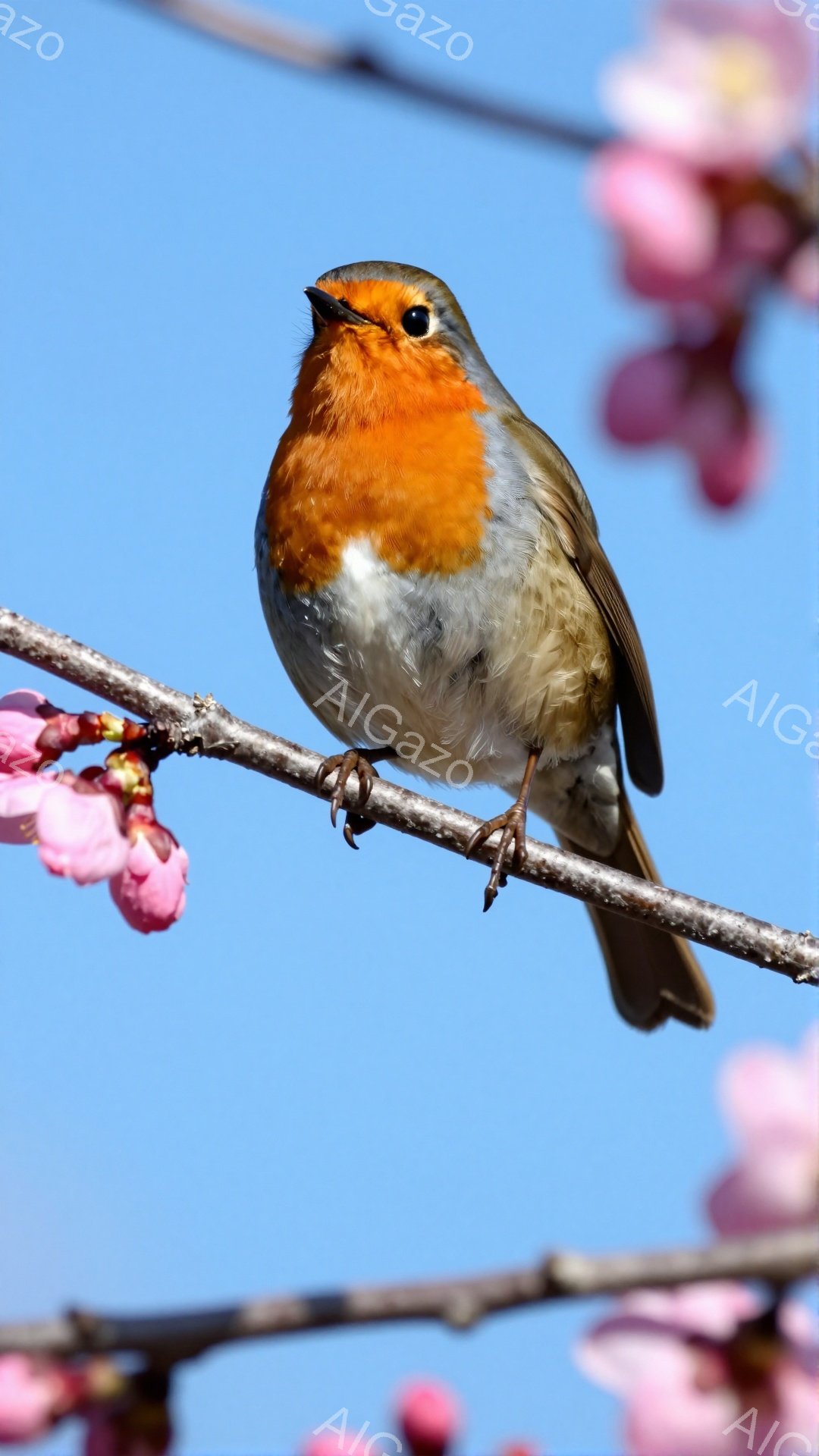 青空を背景に、可愛らしいヨーロッパコマドリが枝にとまっている。鮮やかなオレンジ色の胸と灰色の背中が特徴的で、つぶらな瞳が印象的である。周りには薄いピンク色の桜の花が咲き、春の暖かさを感じさせる。
