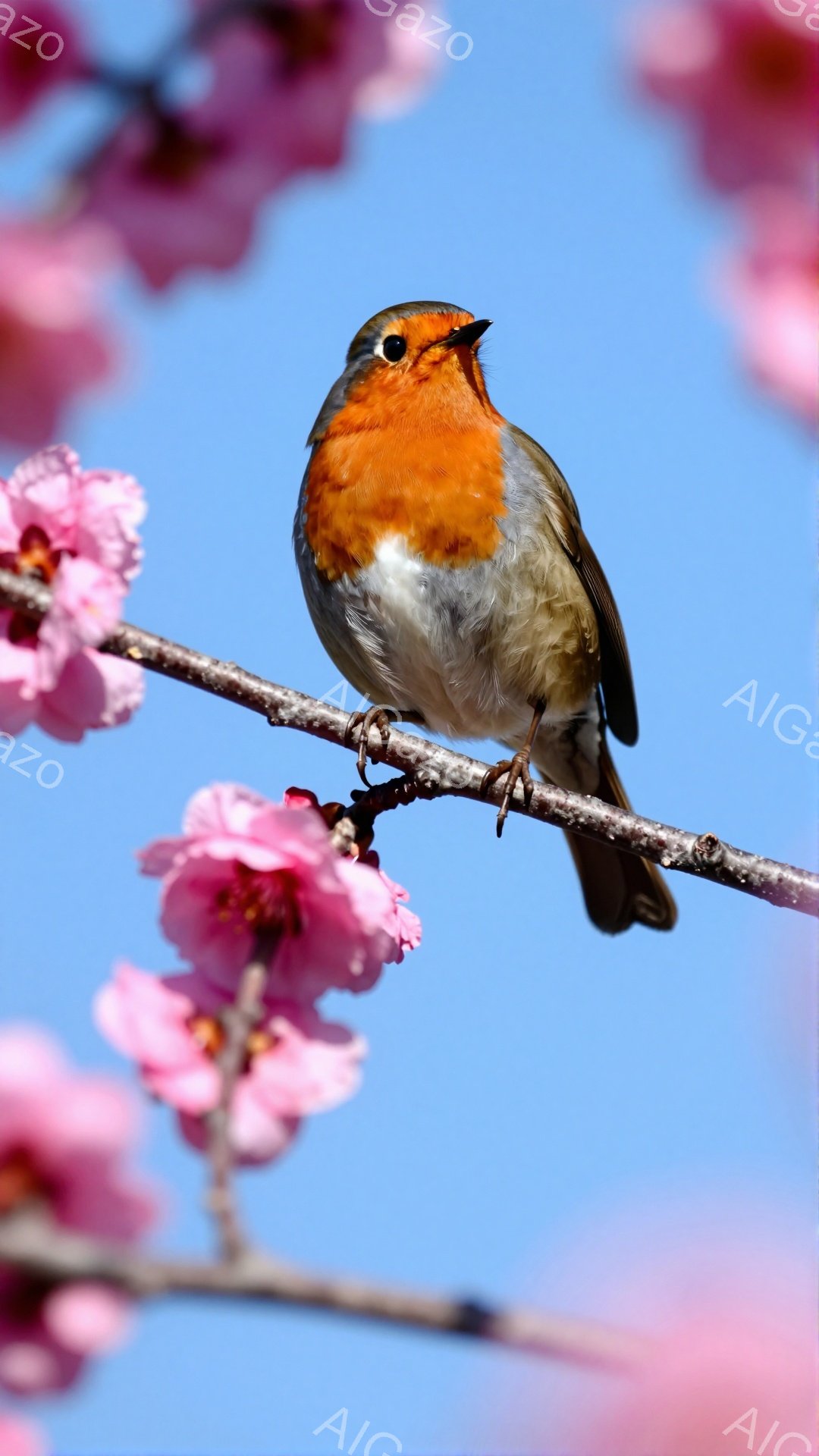 青空を背景に、桜の枝にとまっているヨーロッパコマドリが写っている。鮮やかなオレンジ色の胸と灰色の背中が印象的で、春の訪れを感じさせる穏やかな雰囲気である。桜の花びらがぼんやりと背景にあり、コマドリの美しさを引き立てている。