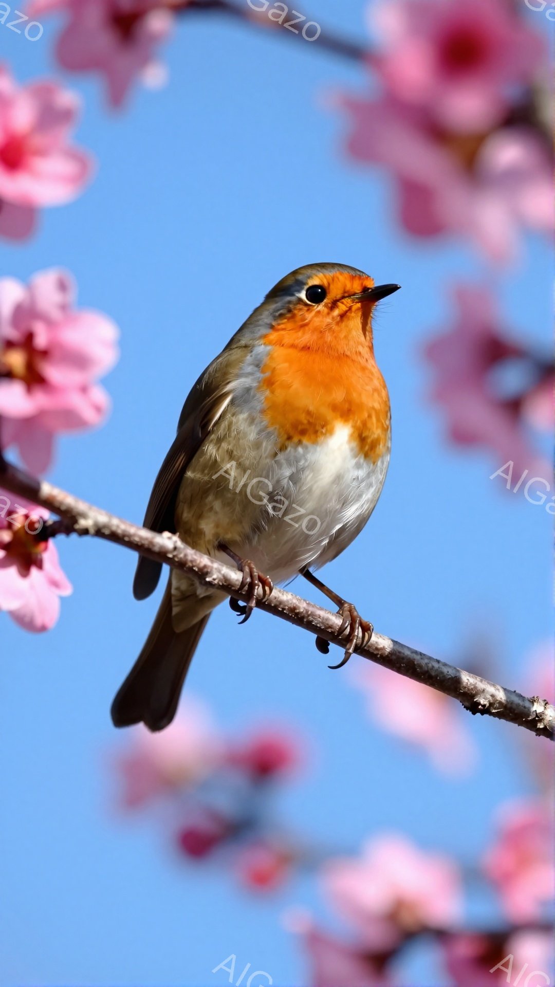 明るい青空を背景に、枝に止まるヨーロッパコマドリが写っている。オレンジ色の胸と灰色の背中が印象的で、春の訪れを感じさせる穏やかな雰囲気である。桜の花がぼやけており、コマドリとのコントラストが美しい。