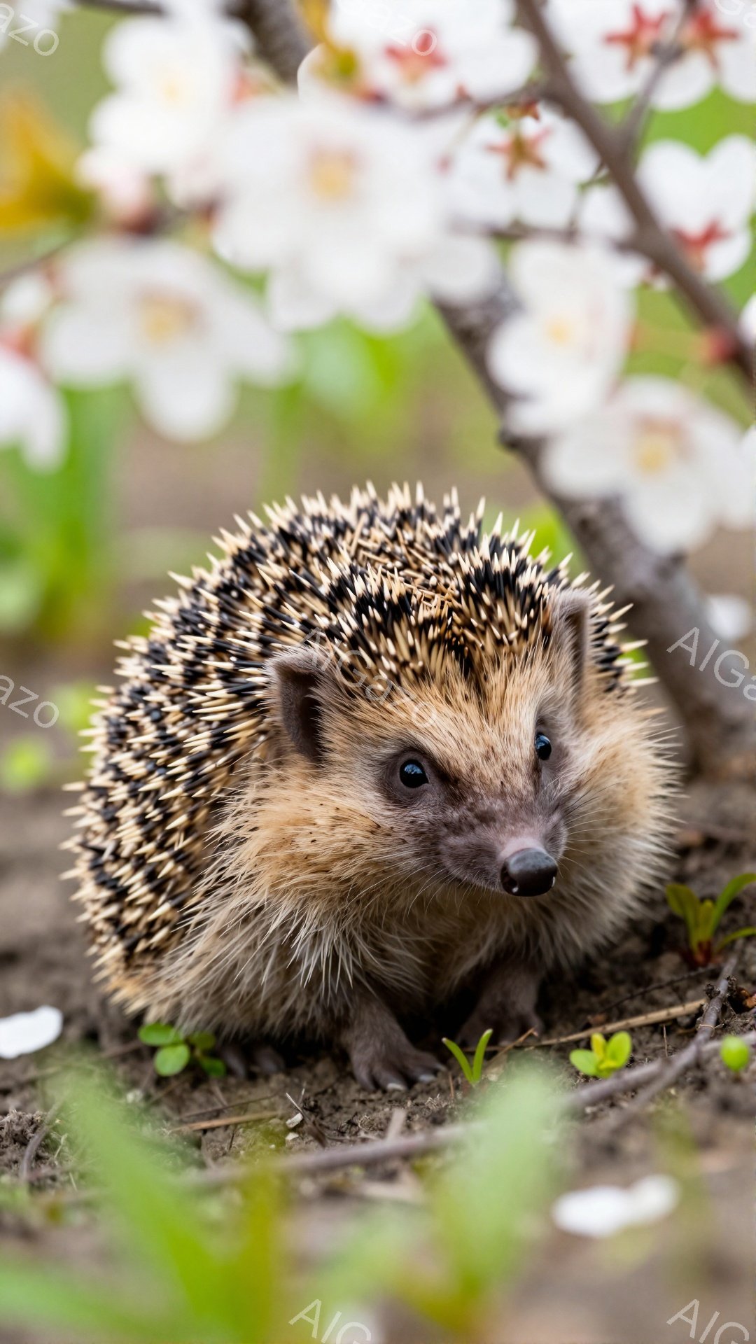 鮮やかな緑の背景と白く儚い花びらの間に、可愛らしいハリネズミが座っています。その小さな体は茶色の棘で覆われ、つぶらな瞳がこちらを見つめています。春の訪れを感じさせる、穏やかで優しい雰囲気の写真です。 - AI生成フリー素材