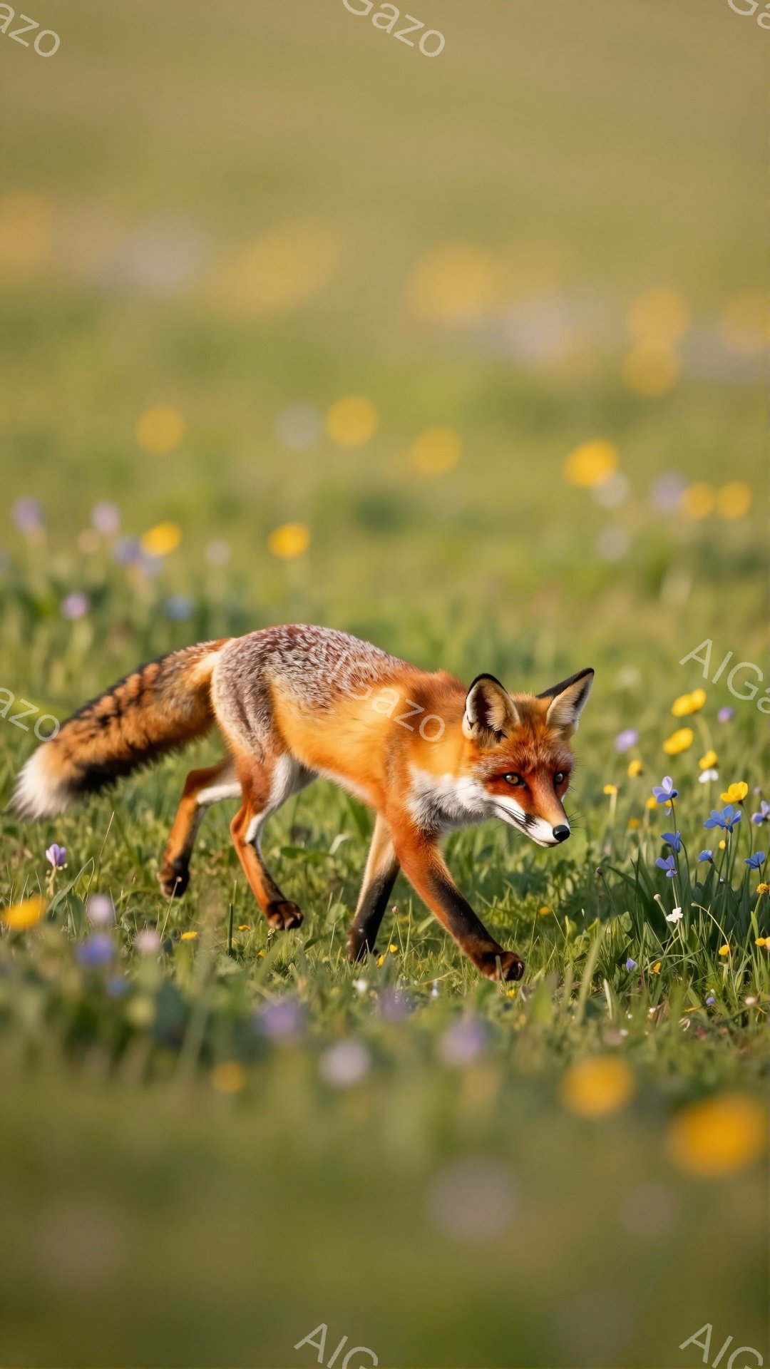 緑豊かな草地を、赤褐色の毛並みのキツネが歩いている。太陽の光が差し込み、花々が咲き乱れる、穏やかで平和な雰囲気の風景だ。キツネは獲物を探しているのか、鋭い眼差しで周囲を見渡している。