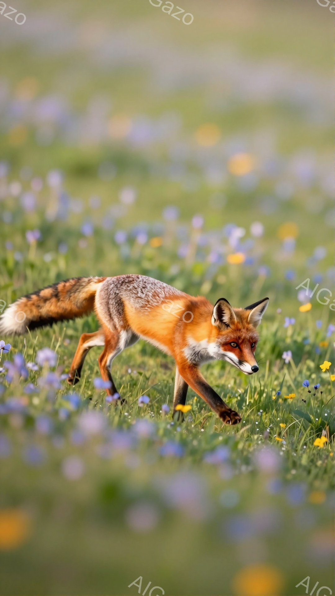 広大な草原を、鮮やかな赤褐色の毛並みを持つキツネが駆けている。周囲には紫や黄色の小さな花々が咲き乱れ、春の陽光の下、生き生きとした姿が捉えられている。キツネの瞳は鋭く、獲物を狙っているか、あるいはただ草原を駆け抜ける喜びに満ちているかのようだ。