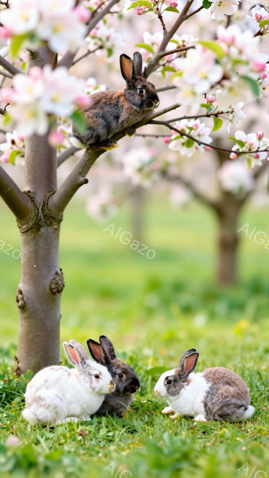 緑の芝生の上で、三羽のウサギが春の桜の木の下で可愛らしく集まっています。 一羽は木の幹に登り、他の二羽は地面でリラックスした様子で佇んでいます。 優しい光とピンク色の花びらが、暖かく穏やかな雰囲気を作り出しています。