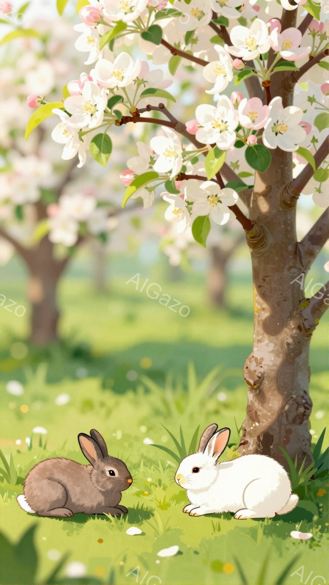 緑の草地に二匹のウサギが向かい合って座っています。背景には桜の木が咲き誇り、春の穏やかな雰囲気を醸し出しています。ウサギはそれぞれ茶色と白で、可愛らしい姿が印象的です。 - AI生成フリー素材