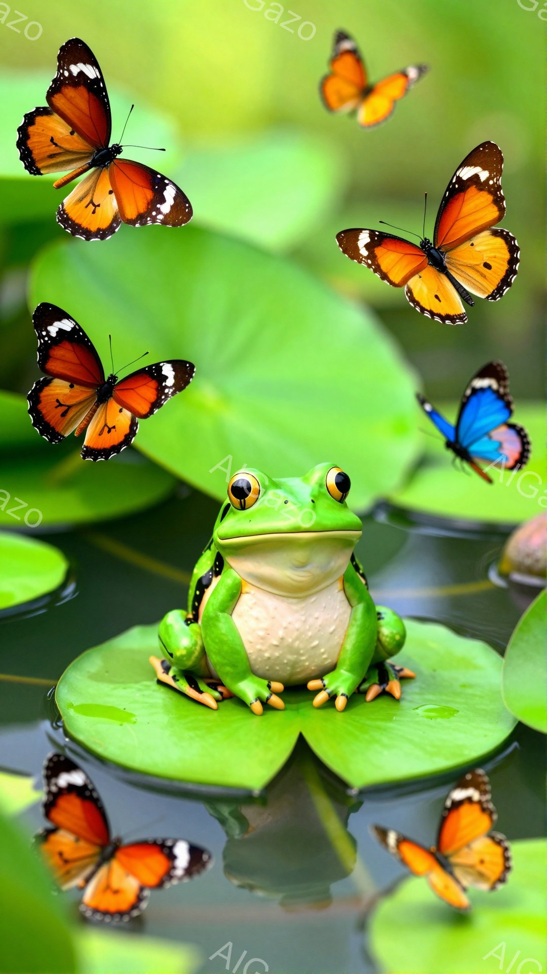 緑色のカエルが蓮の葉の上に座っており、周囲にはオレンジと黒の蝶が舞っている。 カエルの表情は穏やかで、周囲の緑豊かな自然との調和が美しい。 水面に映るカエルと蝶の影が、幻想的な雰囲気を醸し出している。