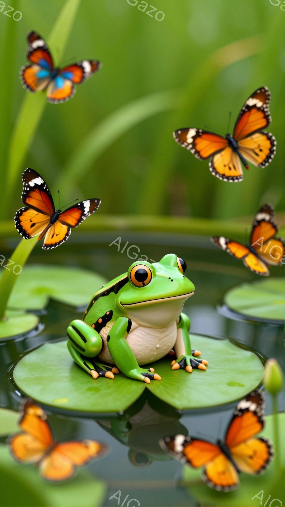 明るい緑色のカエルが、水面に浮かぶ緑の蓮の葉の上に座っています。周囲には鮮やかなオレンジ色の蝶が舞い、平和で穏やかな雰囲気を醸し出しています。水面には光が反射し、幻想的な光景を作り出しています。