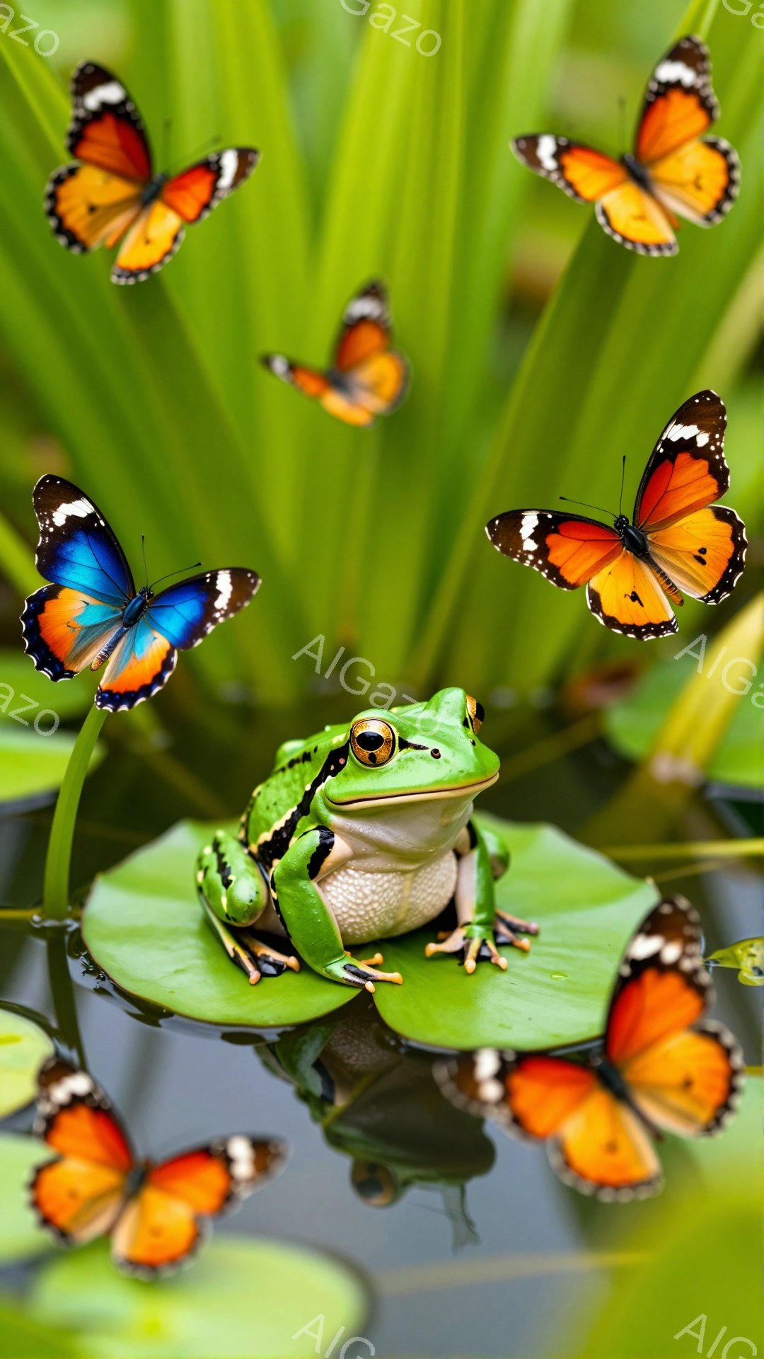 緑色の蓮の葉の上にカエルが座っており、周囲には鮮やかなオレンジと黒の蝶が舞っている。カエルの目は金色に輝き、周囲の緑とのコントラストが美しい。水面には葉や蝶の反射が見られ、幻想的な雰囲気を醸し出している。
