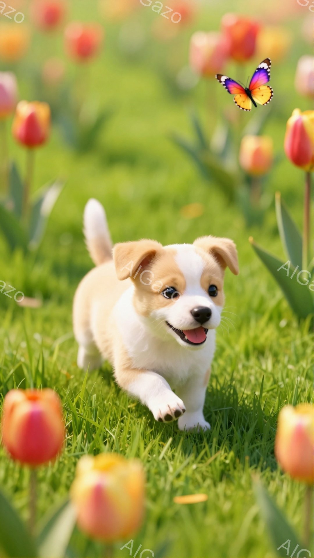 チューリップ畑を駆け抜ける、可愛らしい子犬が写っています。子犬は嬉しそうに舌を出しており、明るい日差しの中で活発に遊んでいます。背景には鮮やかなオレンジ色のチューリップが咲き乱れ、春の穏やかな雰囲気を醸し出しています。